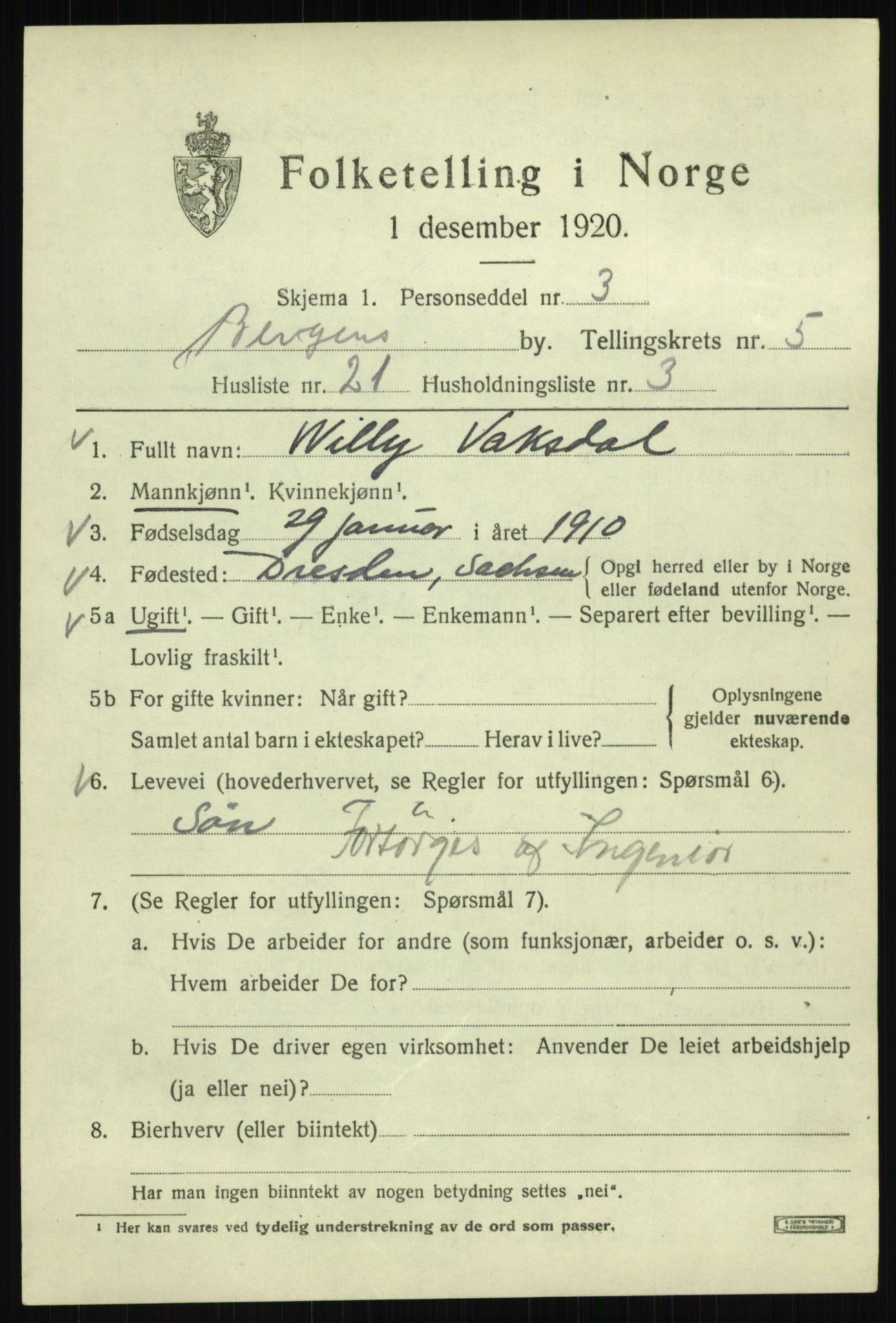 SAB, 1920 census for Bergen, 1920, p. 65340