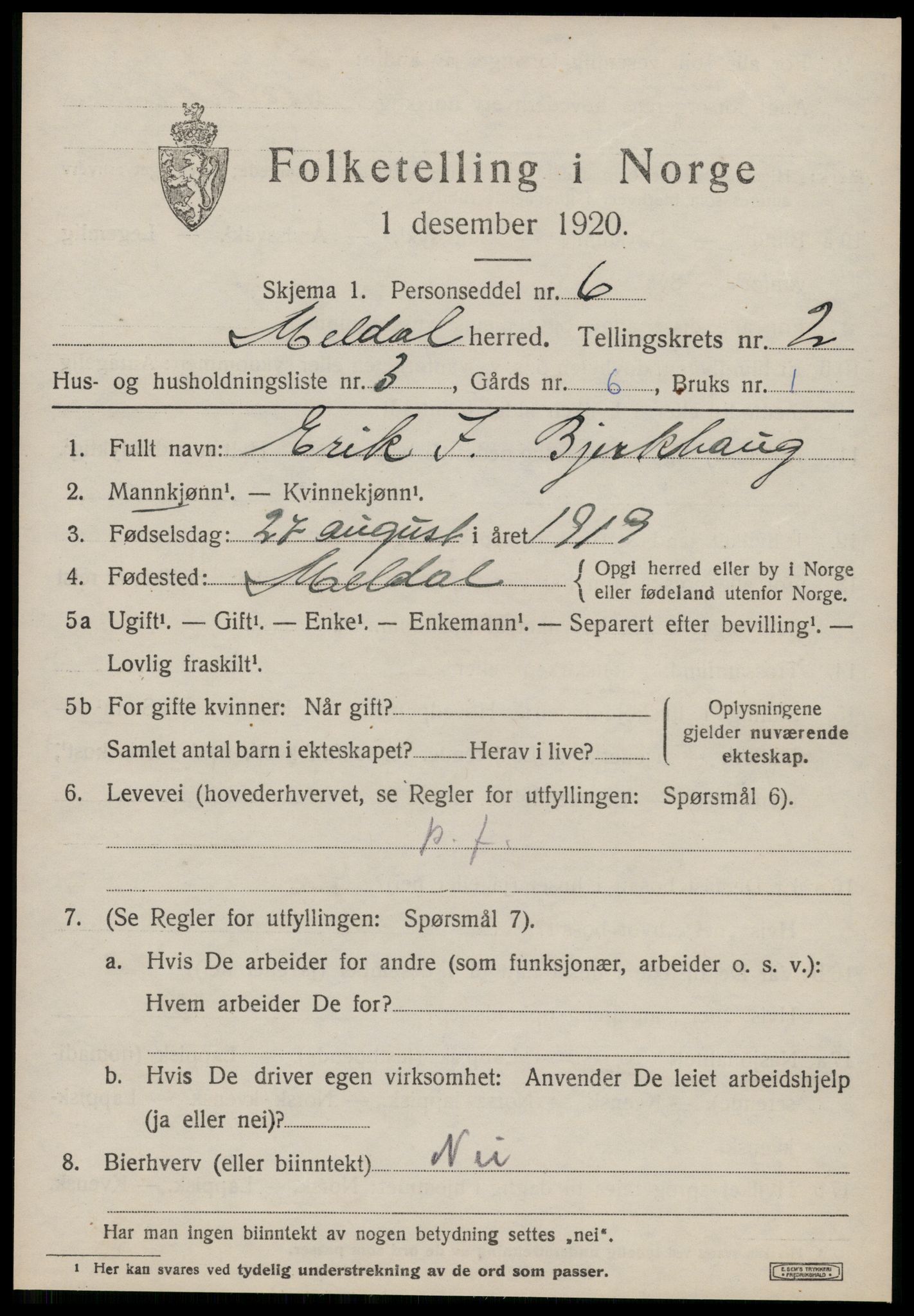 SAT, 1920 census for Meldal, 1920, p. 2043