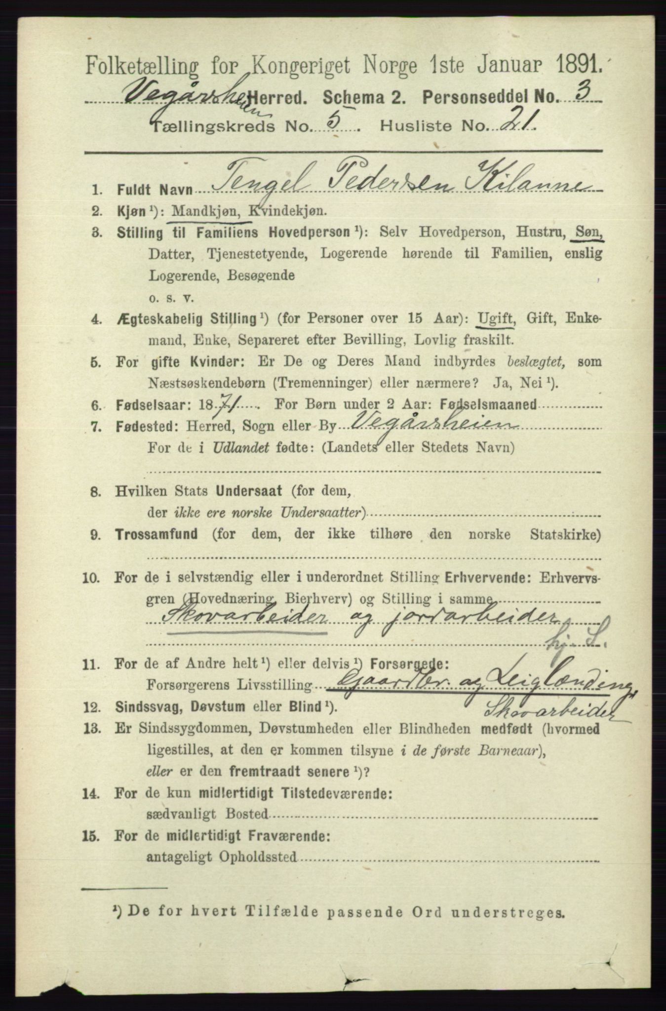 RA, 1891 census for 0912 Vegårshei, 1891, p. 1120
