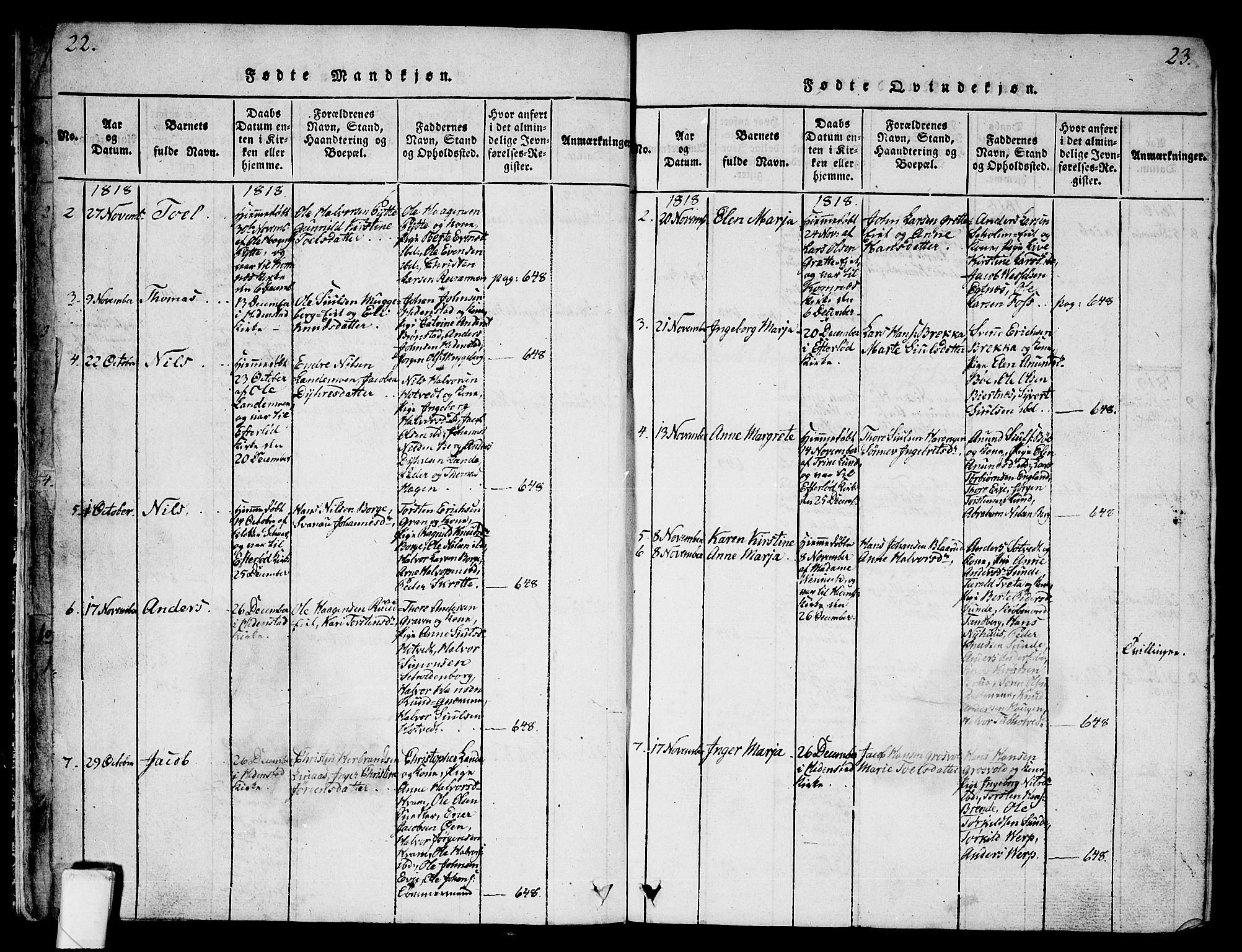 Sandsvær kirkebøker, SAKO/A-244/G/Ga/L0003: Parish register (copy) no. I 3, 1817-1839, p. 22-23