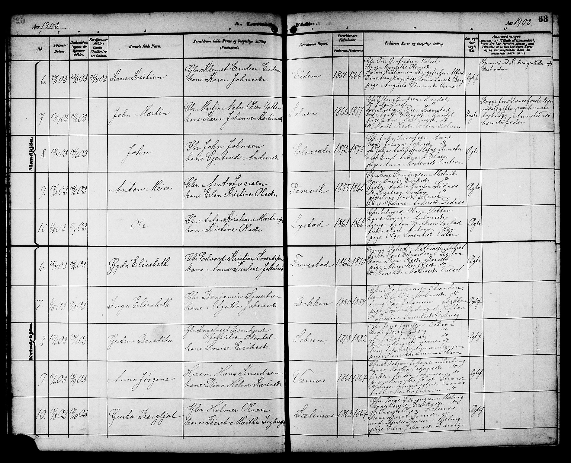 Ministerialprotokoller, klokkerbøker og fødselsregistre - Sør-Trøndelag, AV/SAT-A-1456/662/L0757: Parish register (copy) no. 662C02, 1892-1918, p. 63