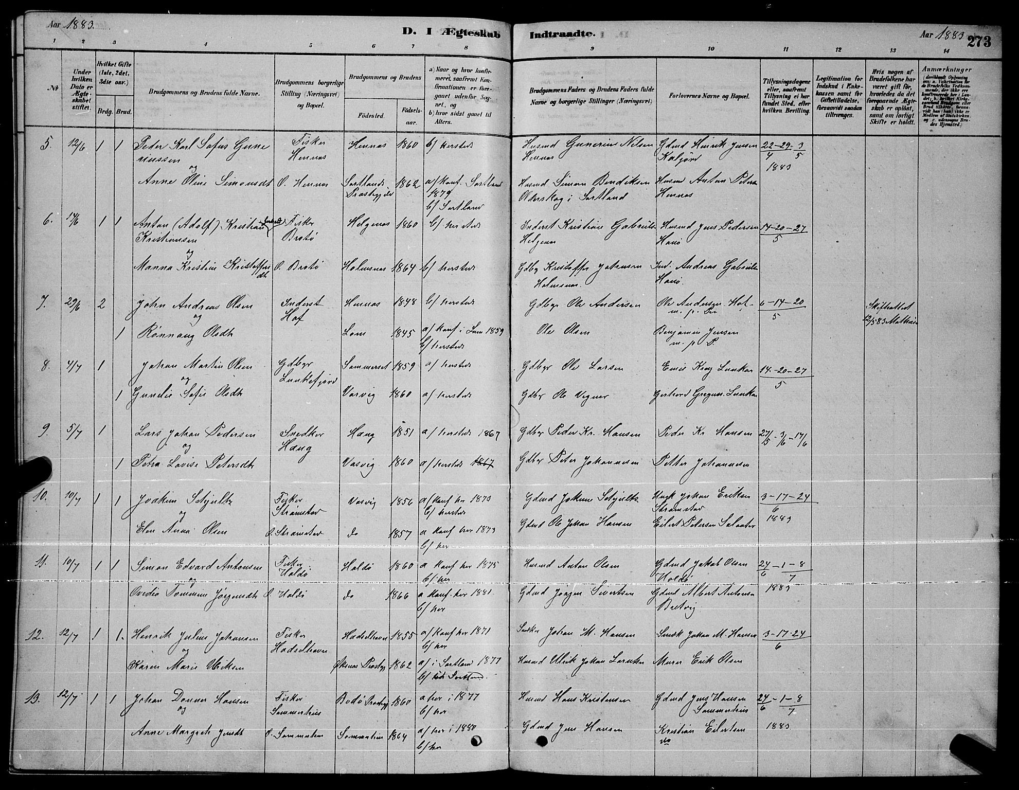 Ministerialprotokoller, klokkerbøker og fødselsregistre - Nordland, AV/SAT-A-1459/888/L1267: Parish register (copy) no. 888C05, 1878-1890, p. 273