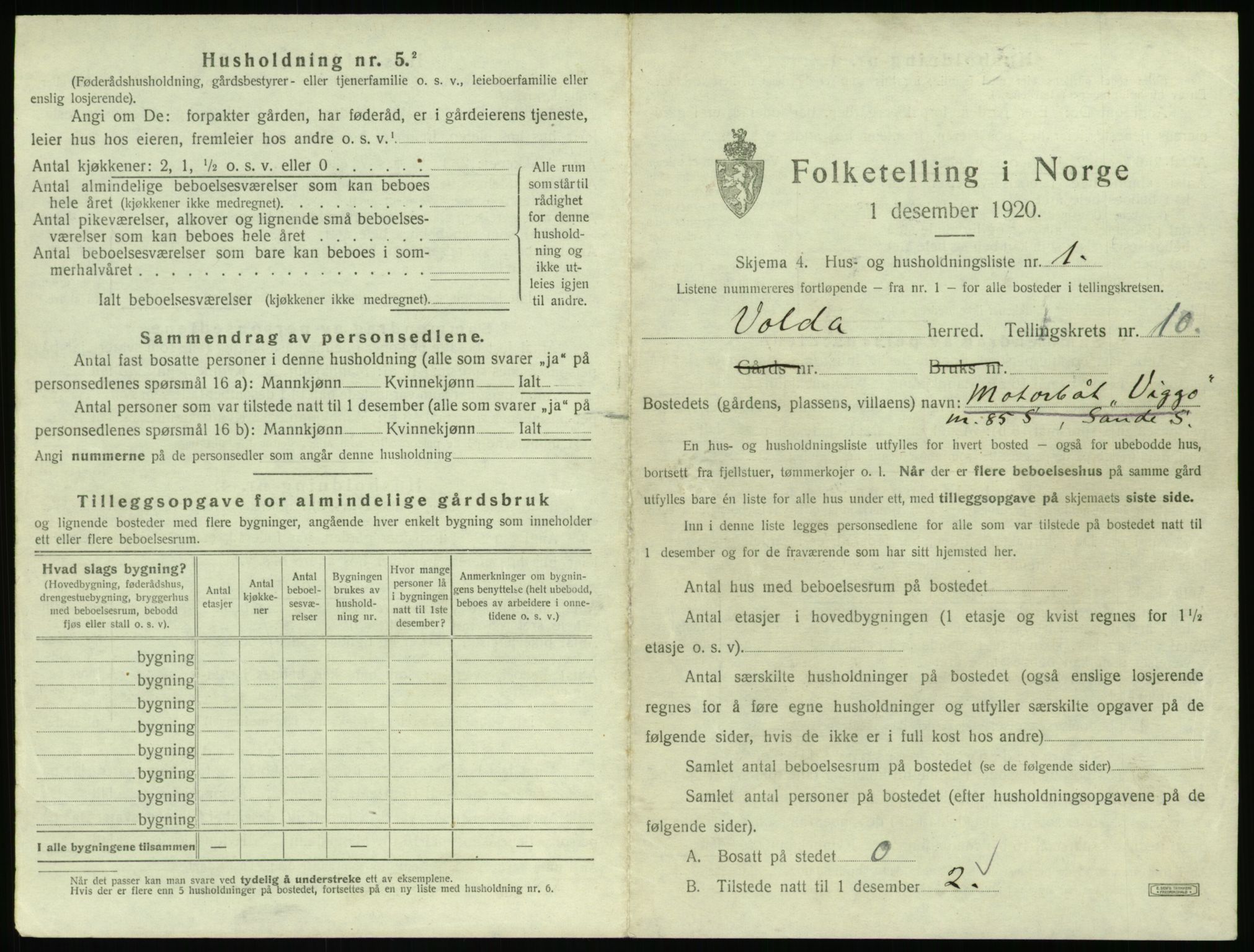 SAT, 1920 census for Volda, 1920, p. 854