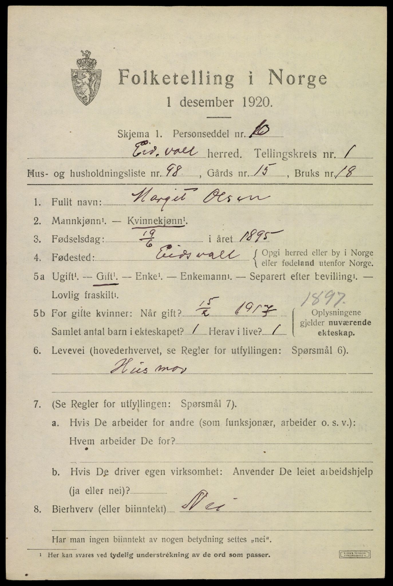 SAO, 1920 census for Eidsvoll, 1920, p. 4771