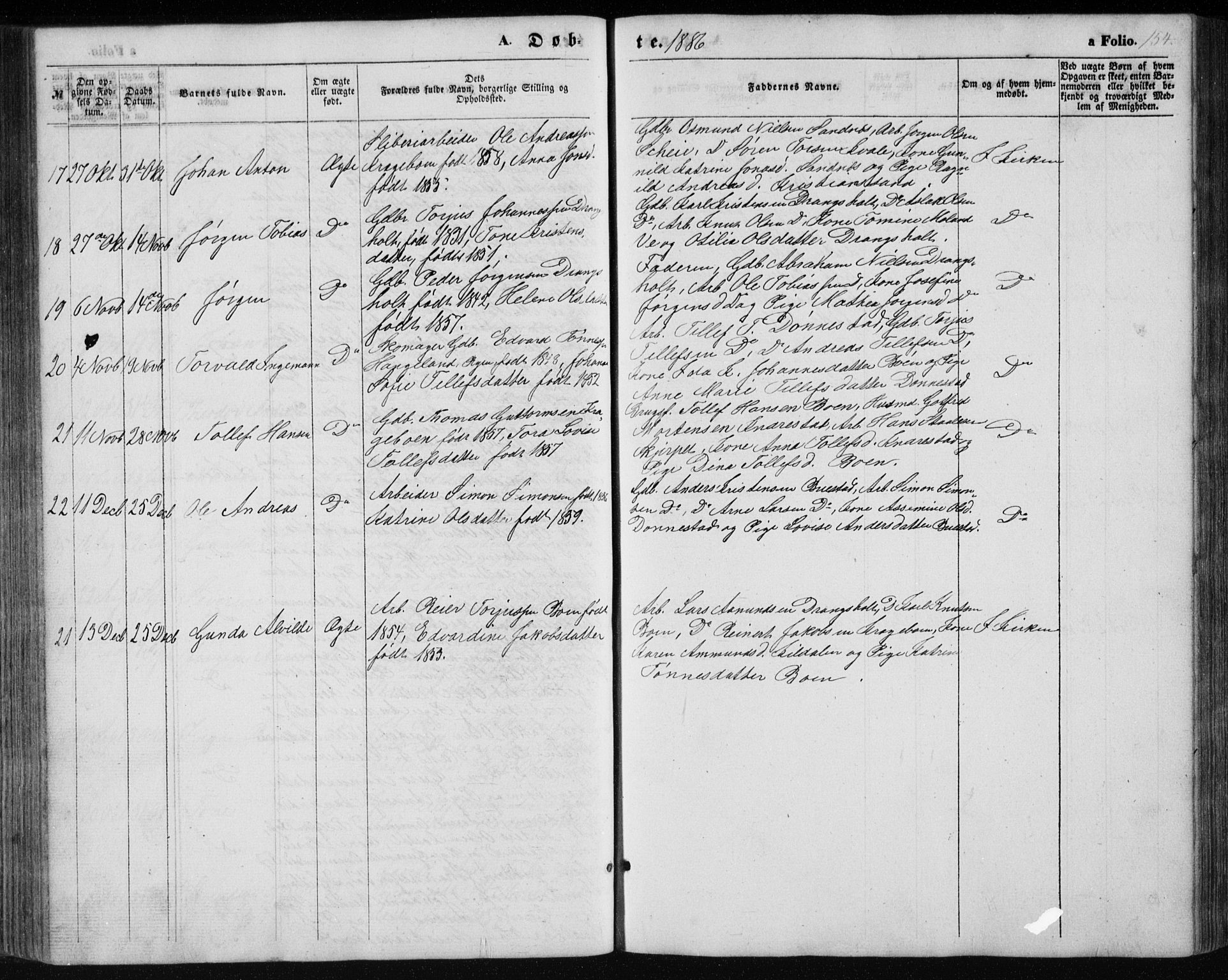 Tveit sokneprestkontor, AV/SAK-1111-0043/F/Fb/L0003: Parish register (copy) no. B 3, 1854-1886, p. 154