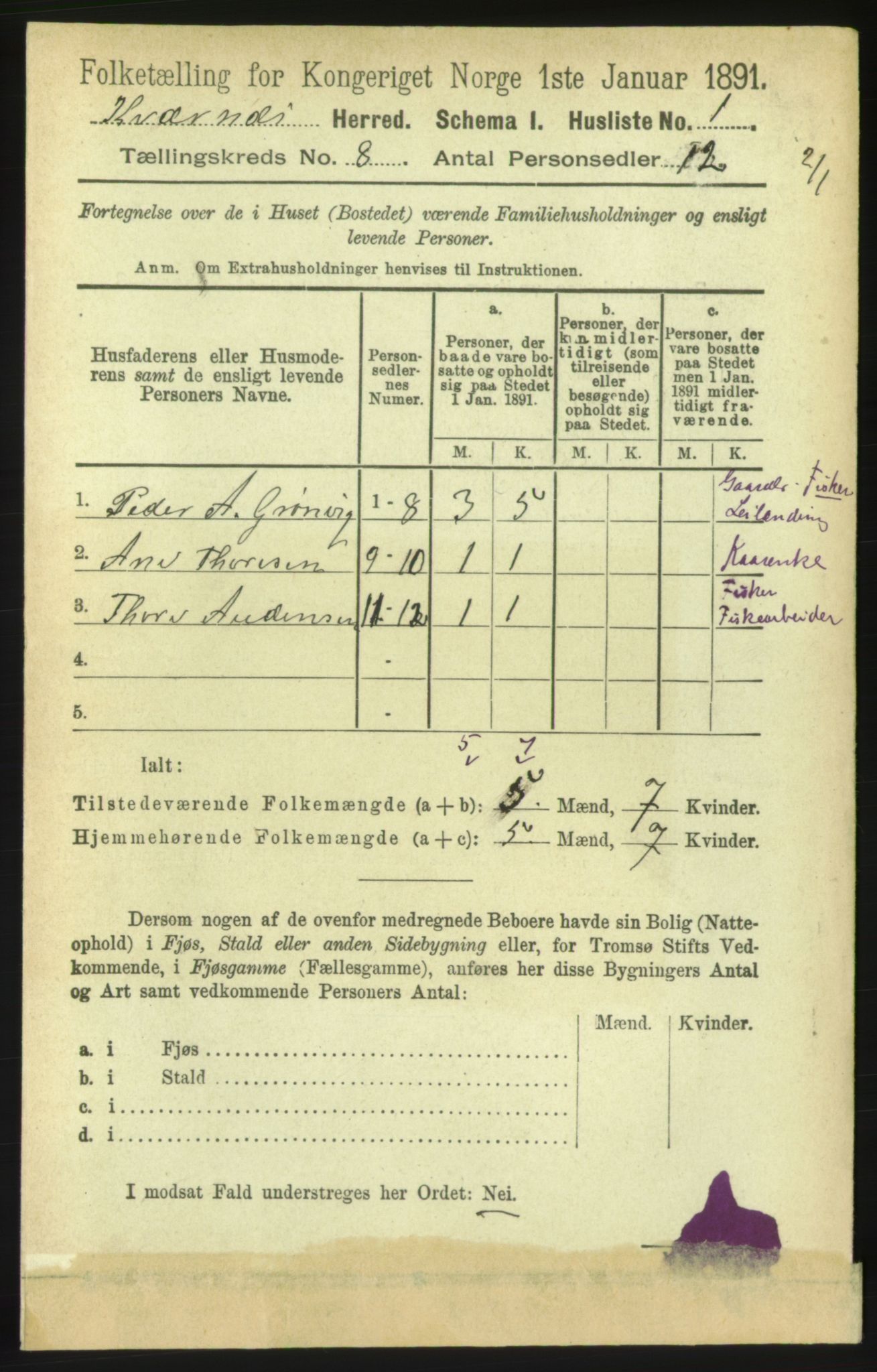 RA, 1891 census for 1553 Kvernes, 1891, p. 3457