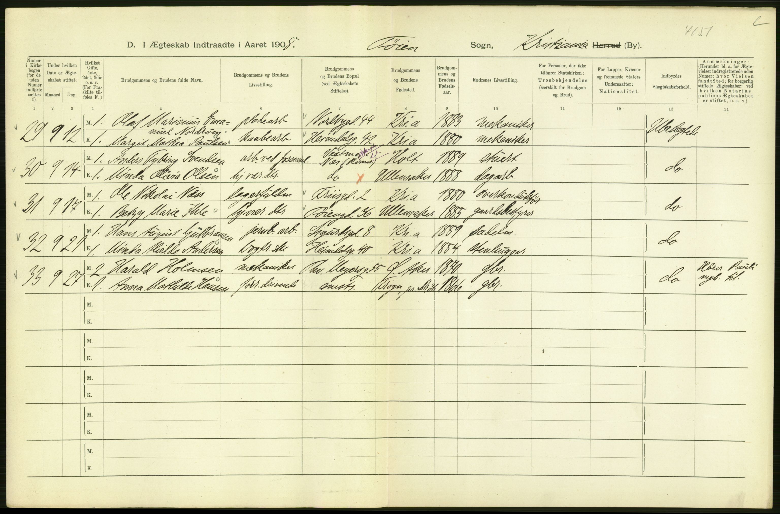 Statistisk sentralbyrå, Sosiodemografiske emner, Befolkning, AV/RA-S-2228/D/Df/Dfa/Dfaf/L0007: Kristiania: Gifte, 1908, p. 88