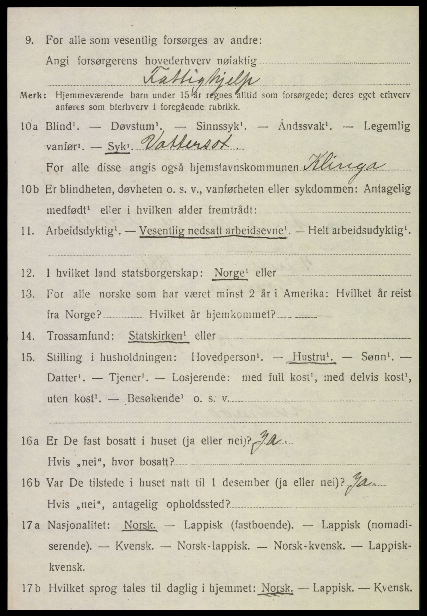 SAT, 1920 census for Klinga, 1920, p. 1422