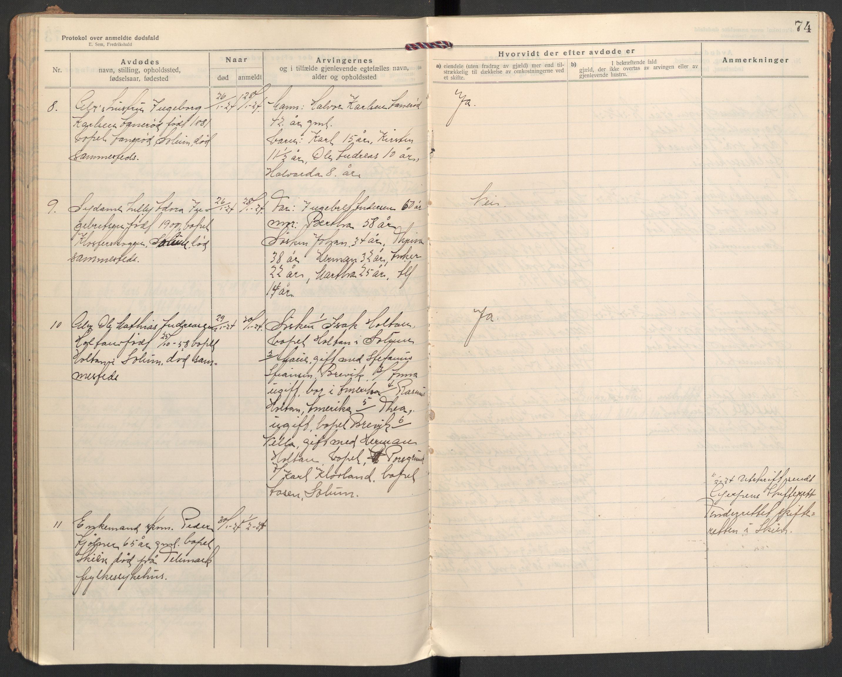Solum lensmannskontor, AV/SAKO-A-575/H/Ha/L0005: Dødsanmeldelsesprotokoll, 1921-1924, p. 74