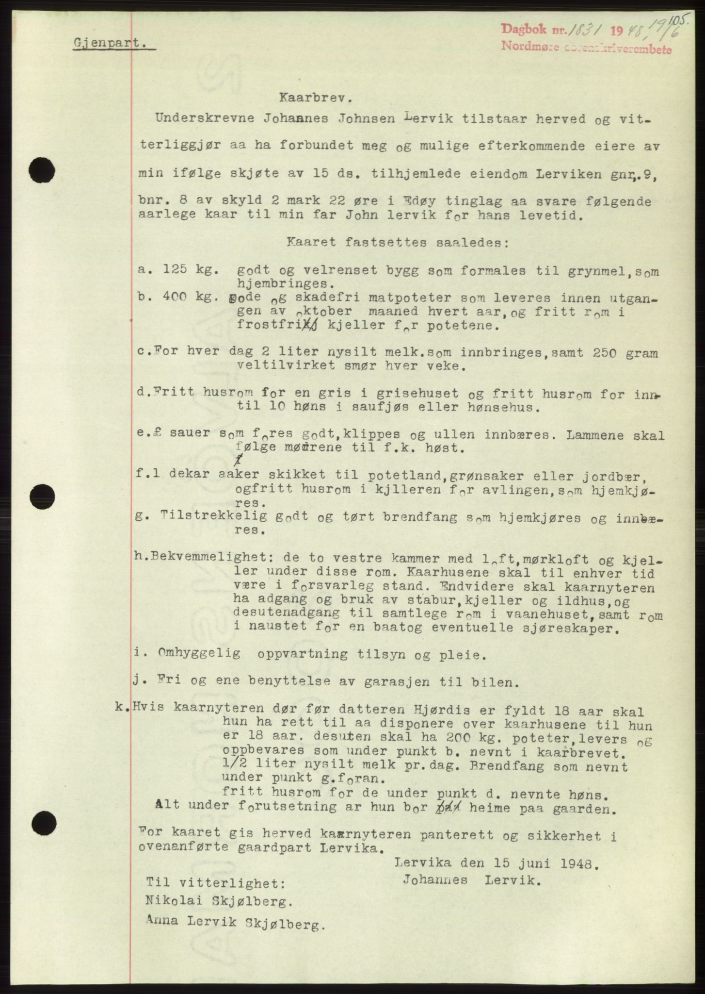 Nordmøre sorenskriveri, AV/SAT-A-4132/1/2/2Ca: Mortgage book no. B99, 1948-1948, Diary no: : 1831/1948