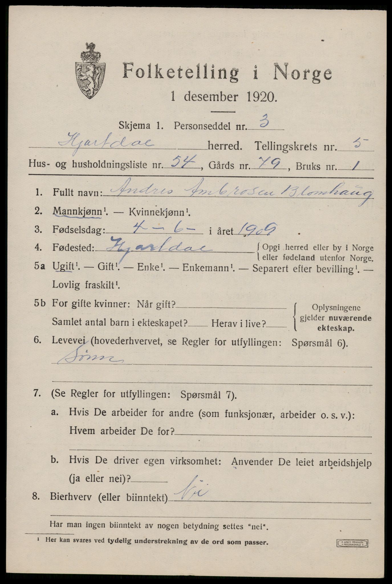 SAKO, 1920 census for Hjartdal, 1920, p. 4006