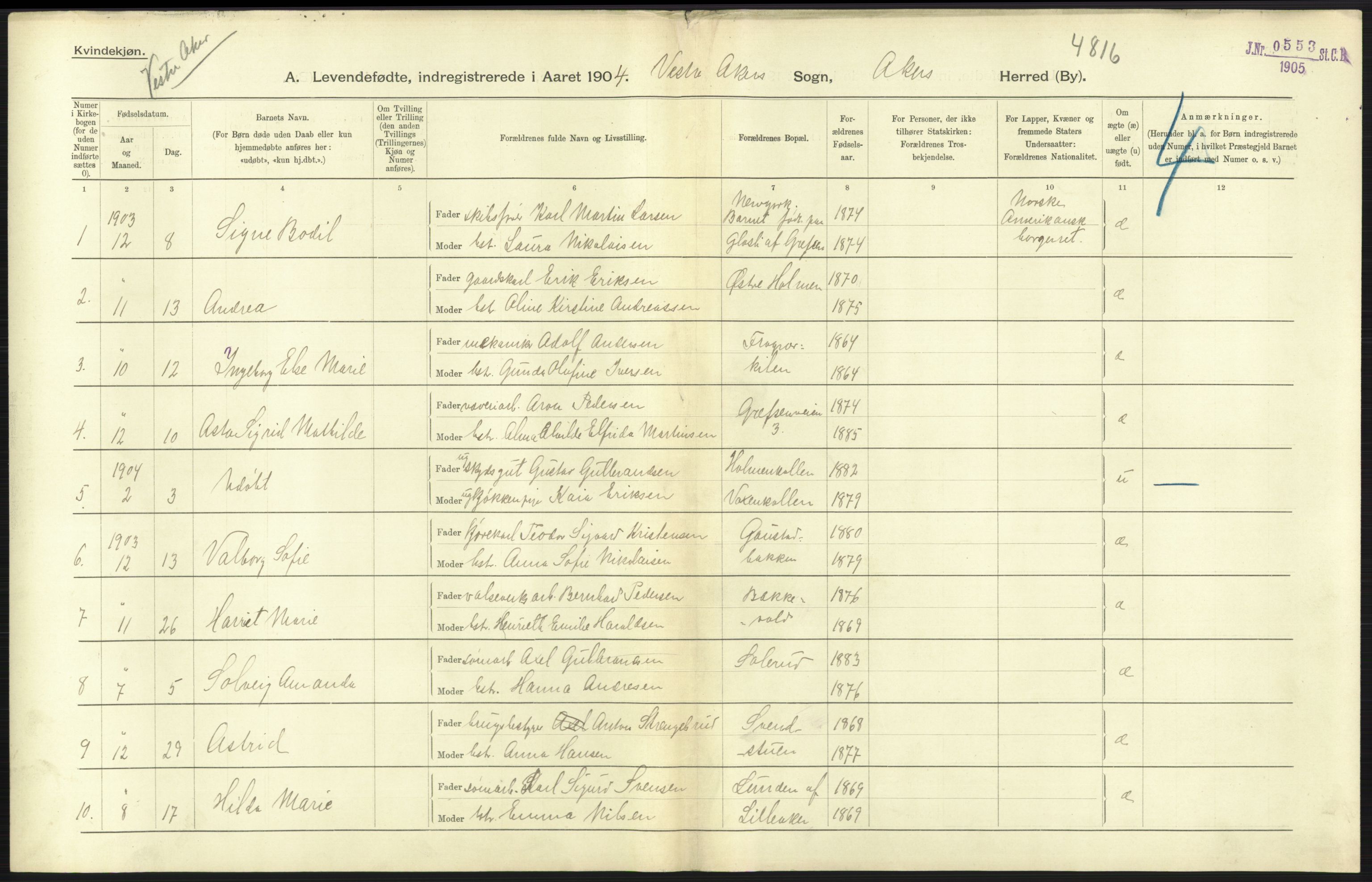 Statistisk sentralbyrå, Sosiodemografiske emner, Befolkning, AV/RA-S-2228/D/Df/Dfa/Dfab/L0002: Akershus amt: Fødte, gifte, døde, 1904, p. 427