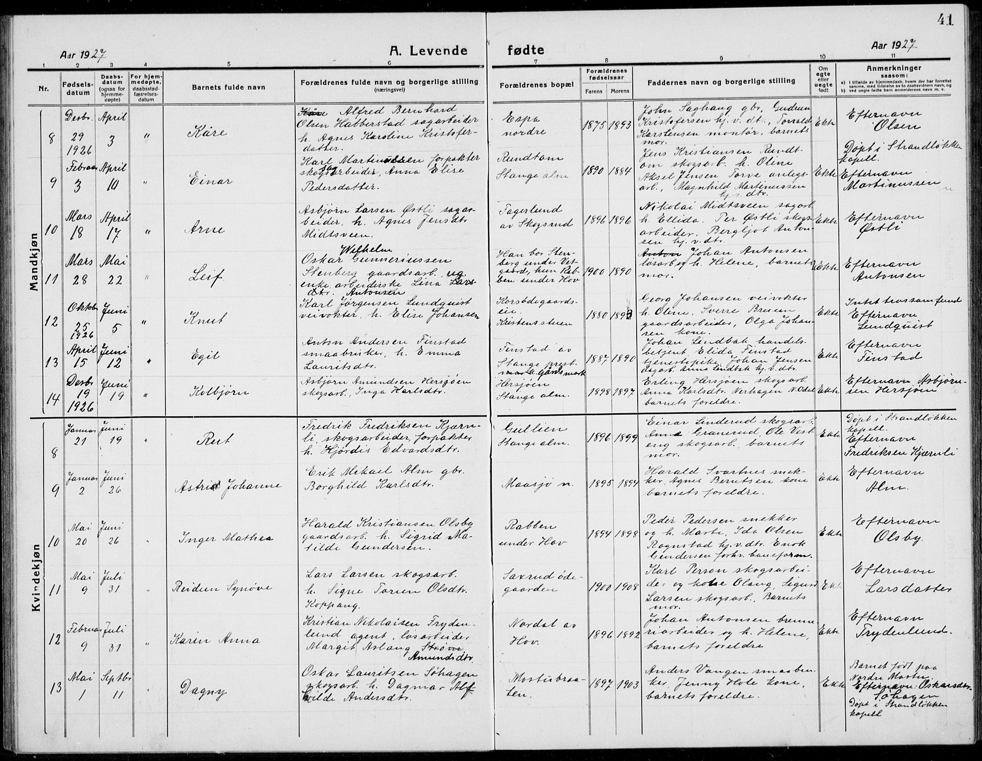 Stange prestekontor, SAH/PREST-002/L/L0017: Parish register (copy) no. 17, 1918-1936, p. 41