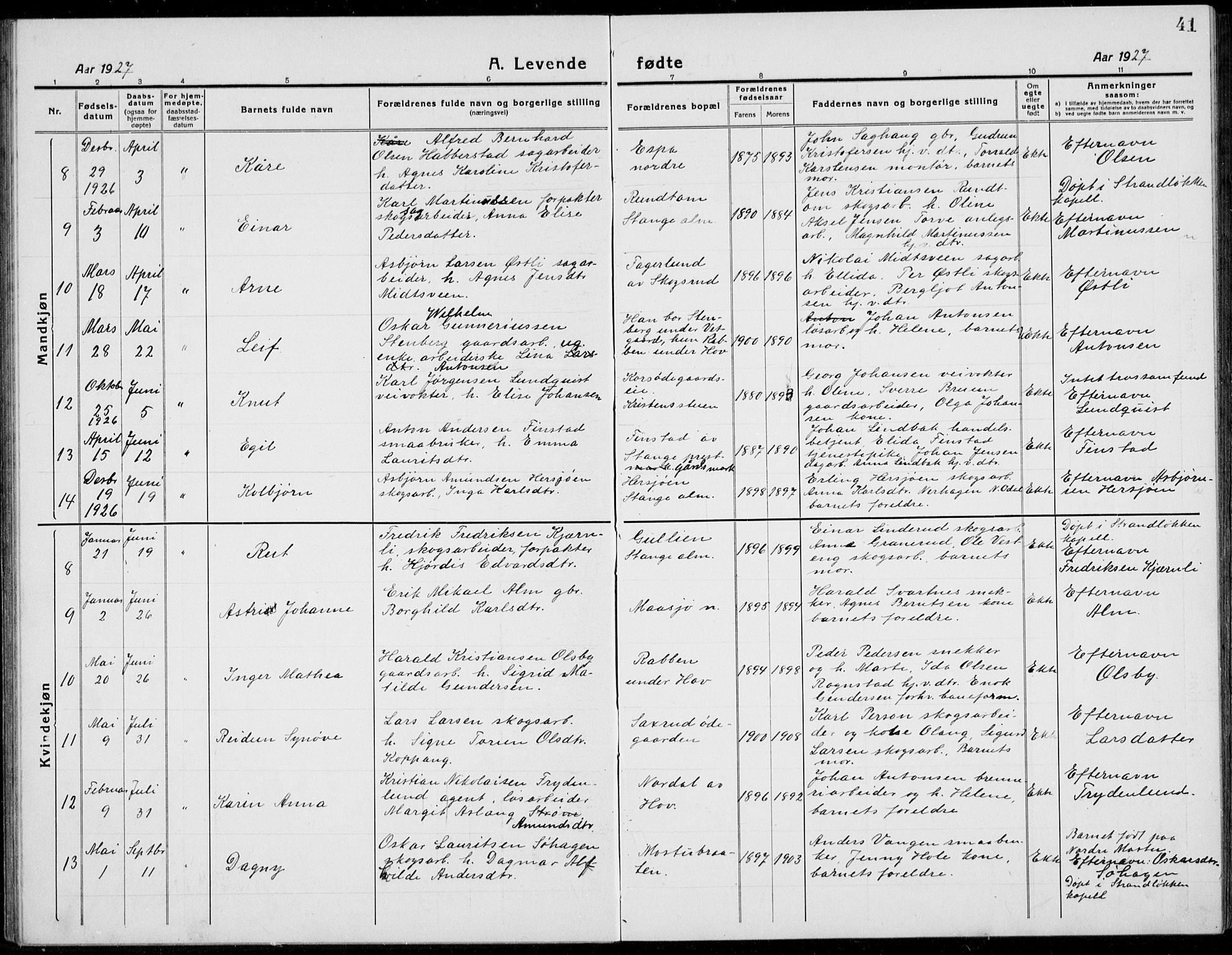 Stange prestekontor, AV/SAH-PREST-002/L/L0017: Parish register (copy) no. 17, 1918-1936, p. 41