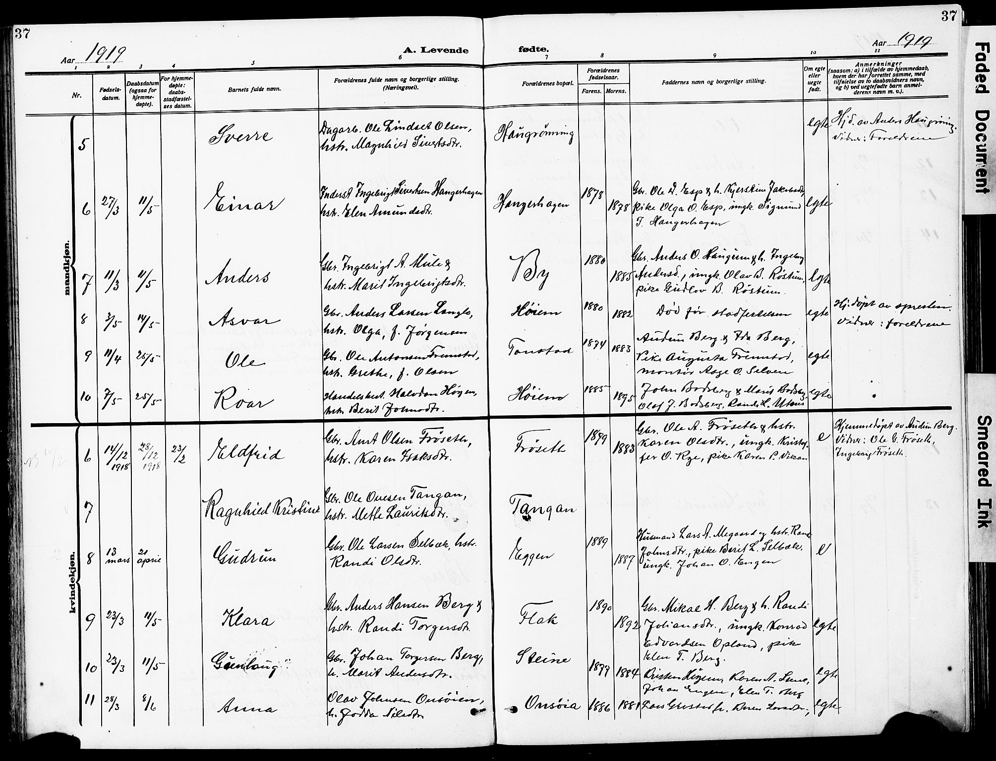 Ministerialprotokoller, klokkerbøker og fødselsregistre - Sør-Trøndelag, AV/SAT-A-1456/612/L0388: Parish register (copy) no. 612C04, 1909-1929, p. 37