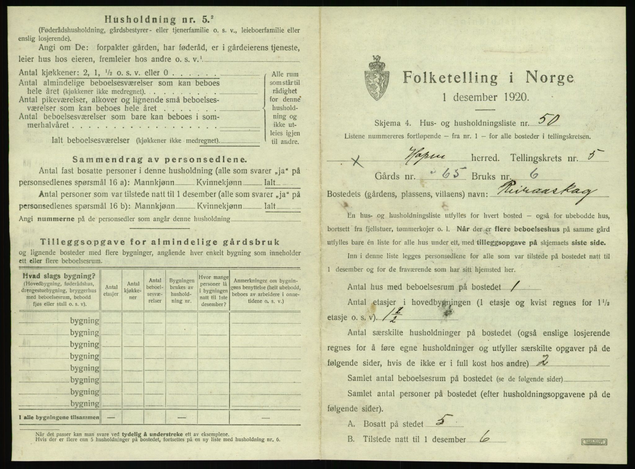 SAT, 1920 census for Hopen, 1920, p. 454