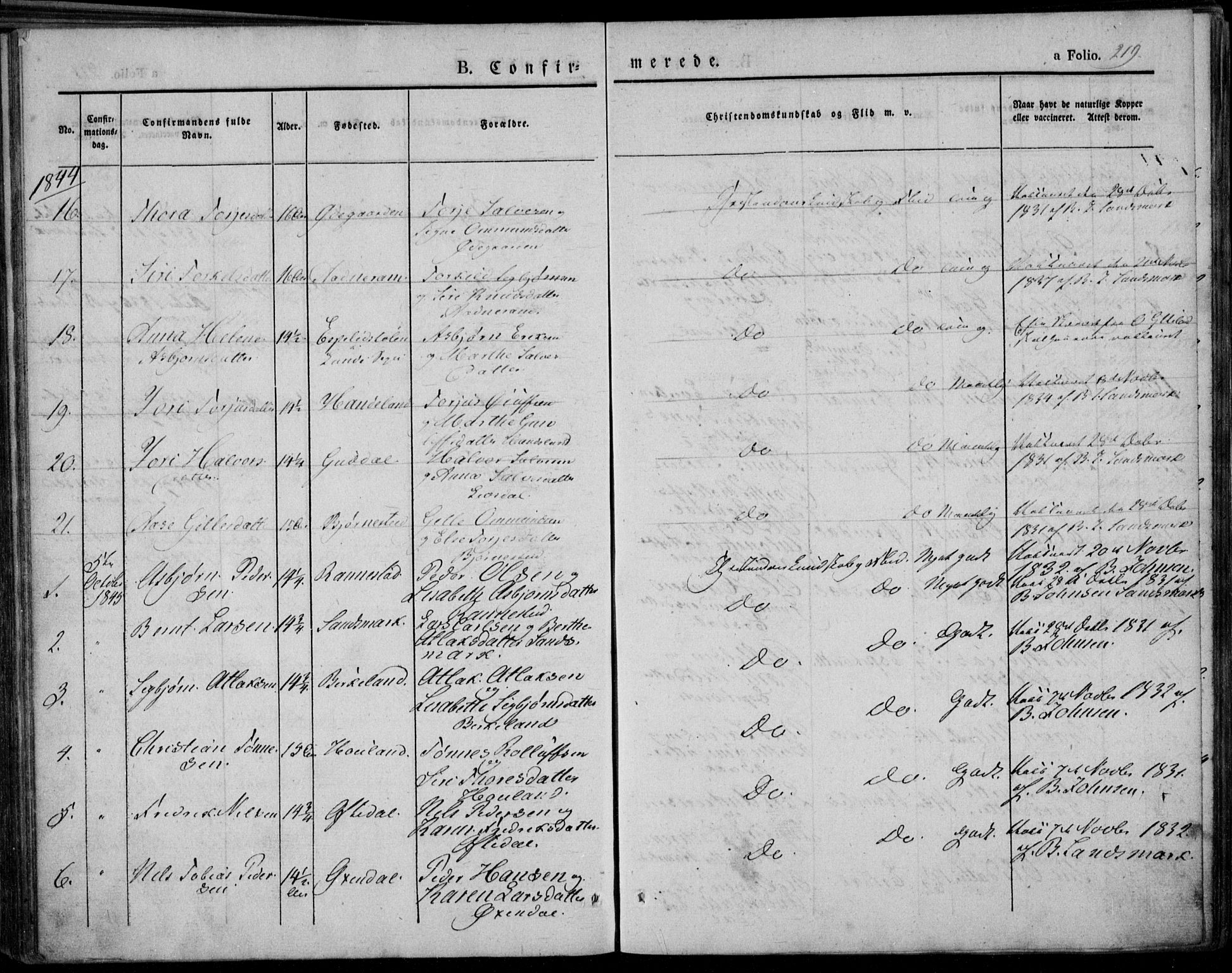 Bakke sokneprestkontor, SAK/1111-0002/F/Fa/Faa/L0004: Parish register (official) no. A 4, 1834-1846, p. 219