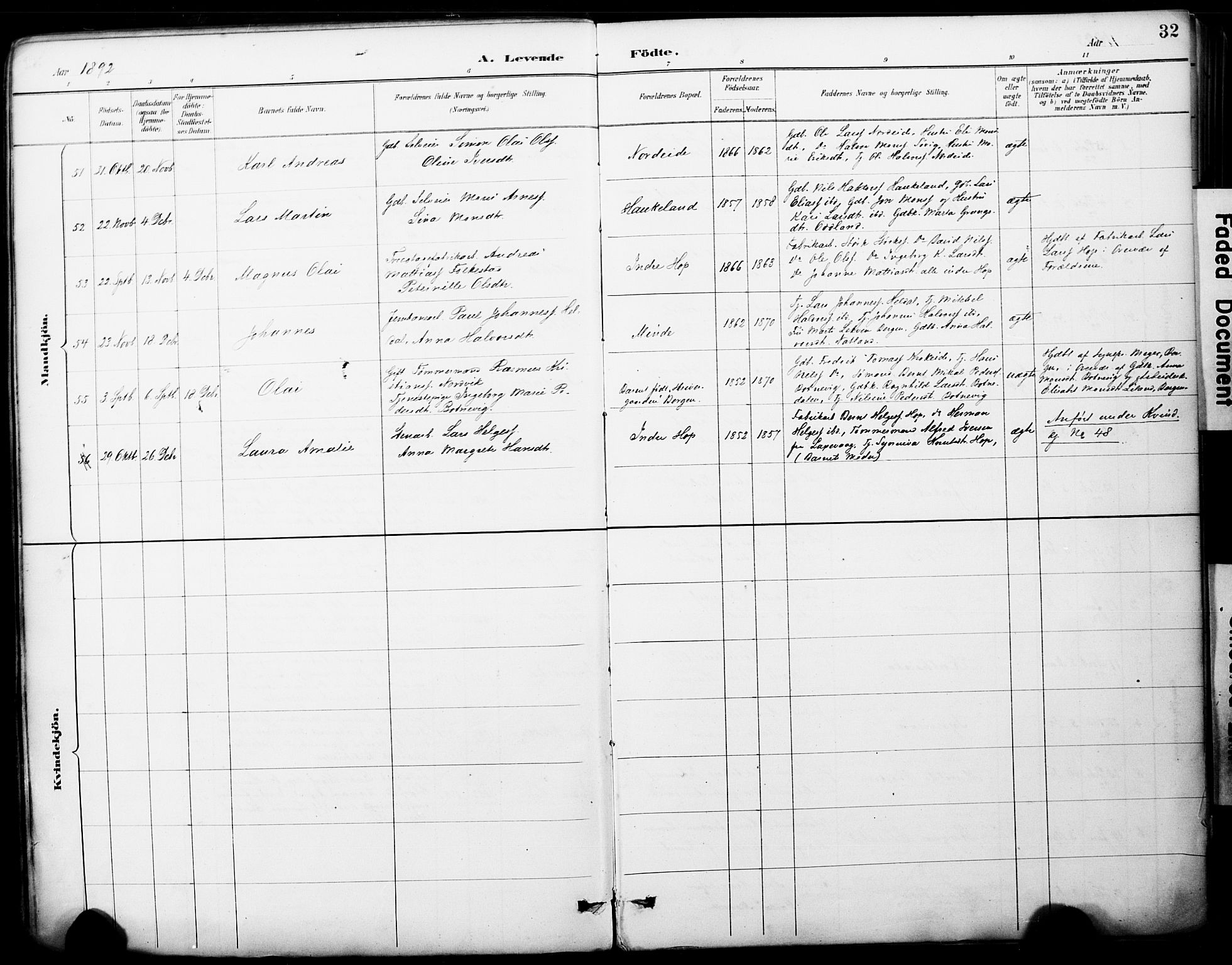 Fana Sokneprestembete, AV/SAB-A-75101/H/Haa/Haai/L0002: Parish register (official) no. I 2, 1888-1899, p. 32