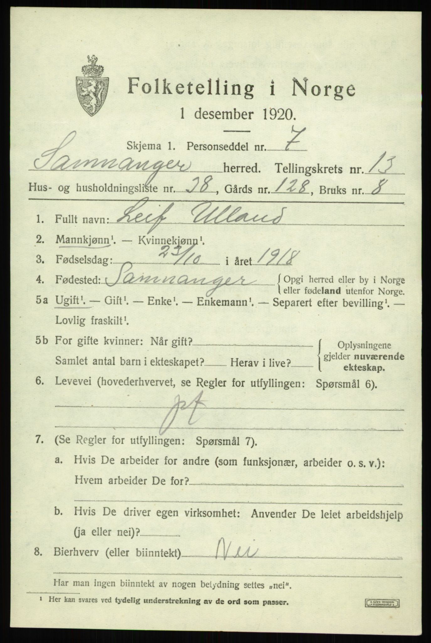 SAB, 1920 census for Samnanger, 1920, p. 5619