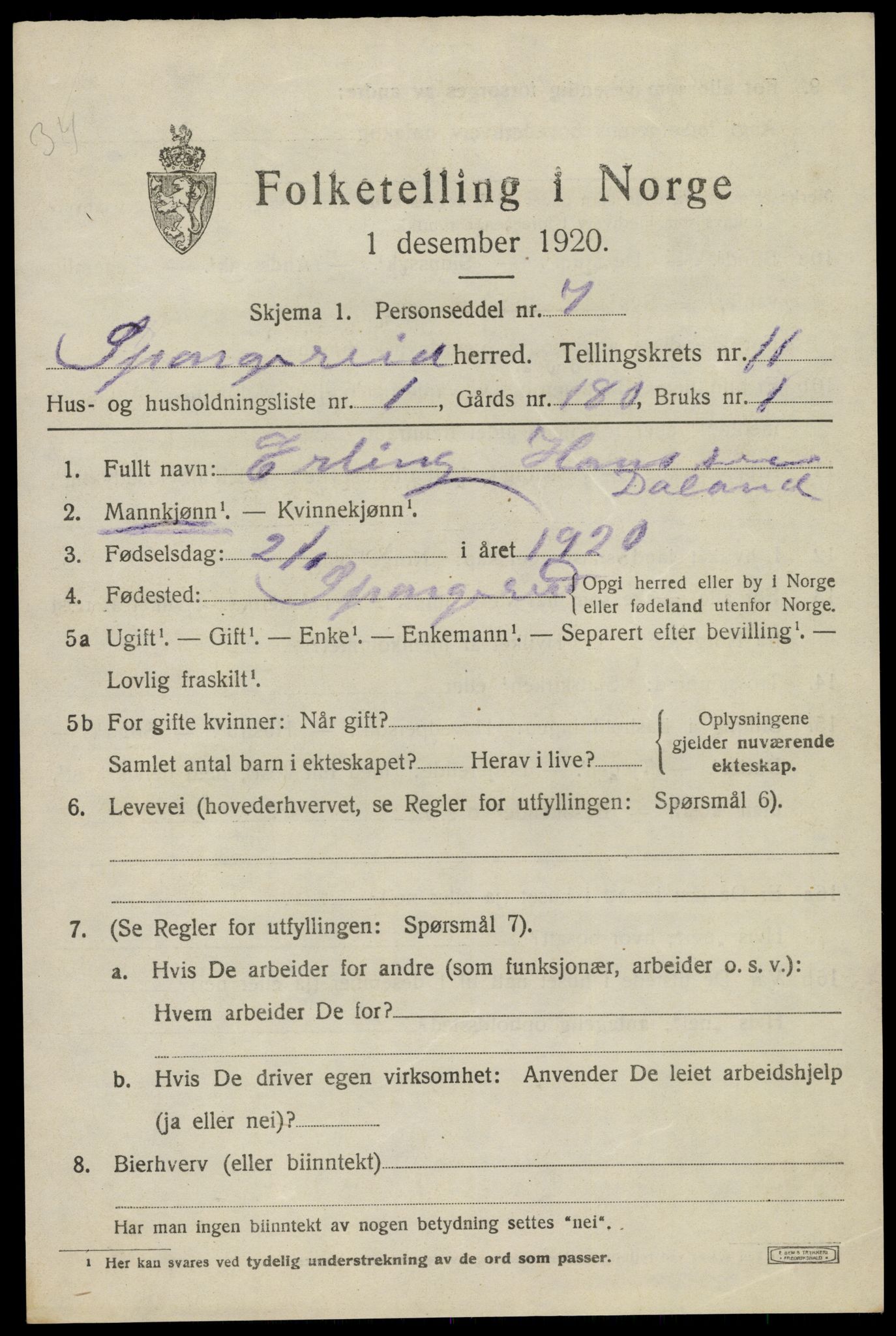 SAK, 1920 census for Spangereid, 1920, p. 3661