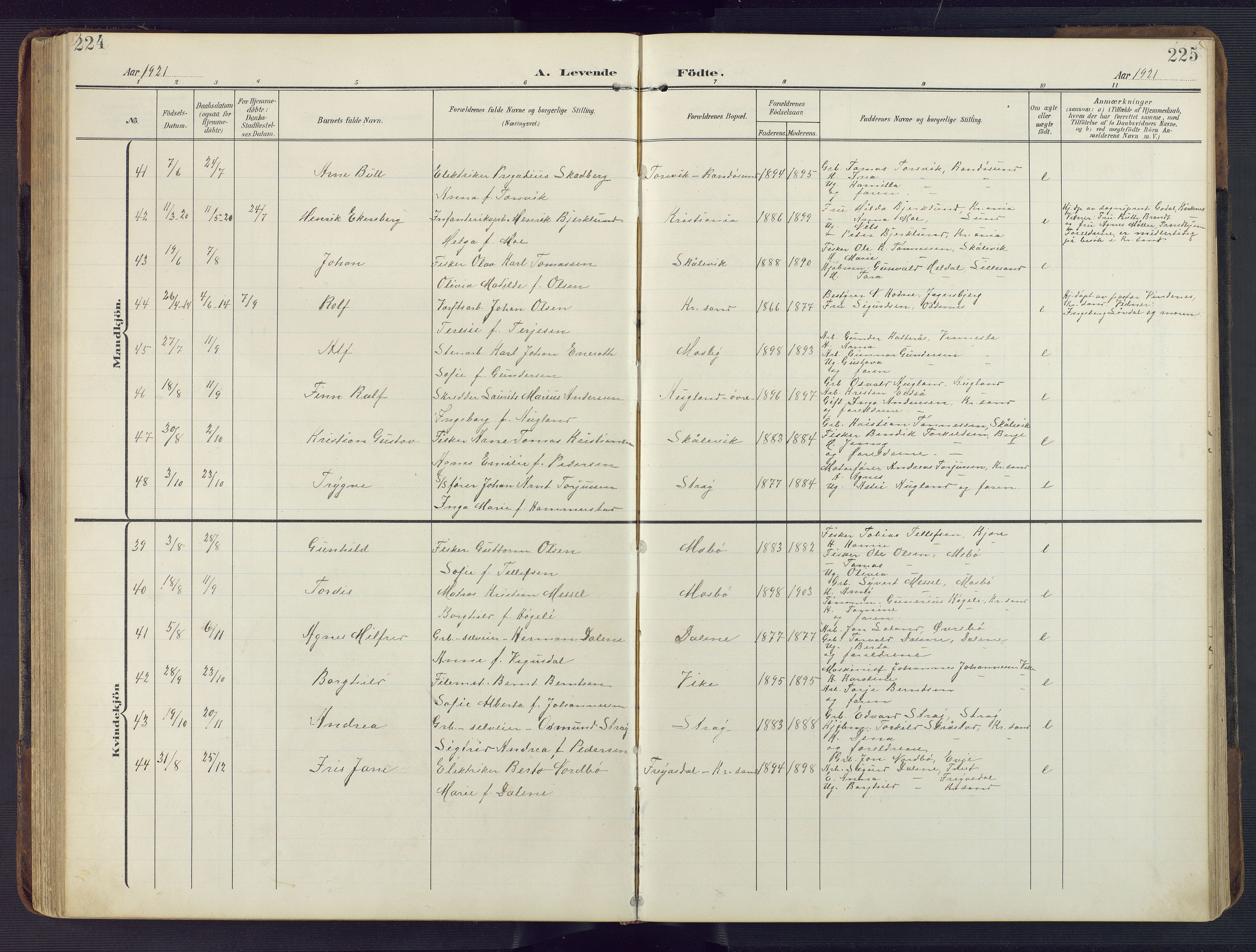 Oddernes sokneprestkontor, AV/SAK-1111-0033/F/Fb/Fba/L0010: Parish register (copy) no. B 10, 1907-1941, p. 224-225