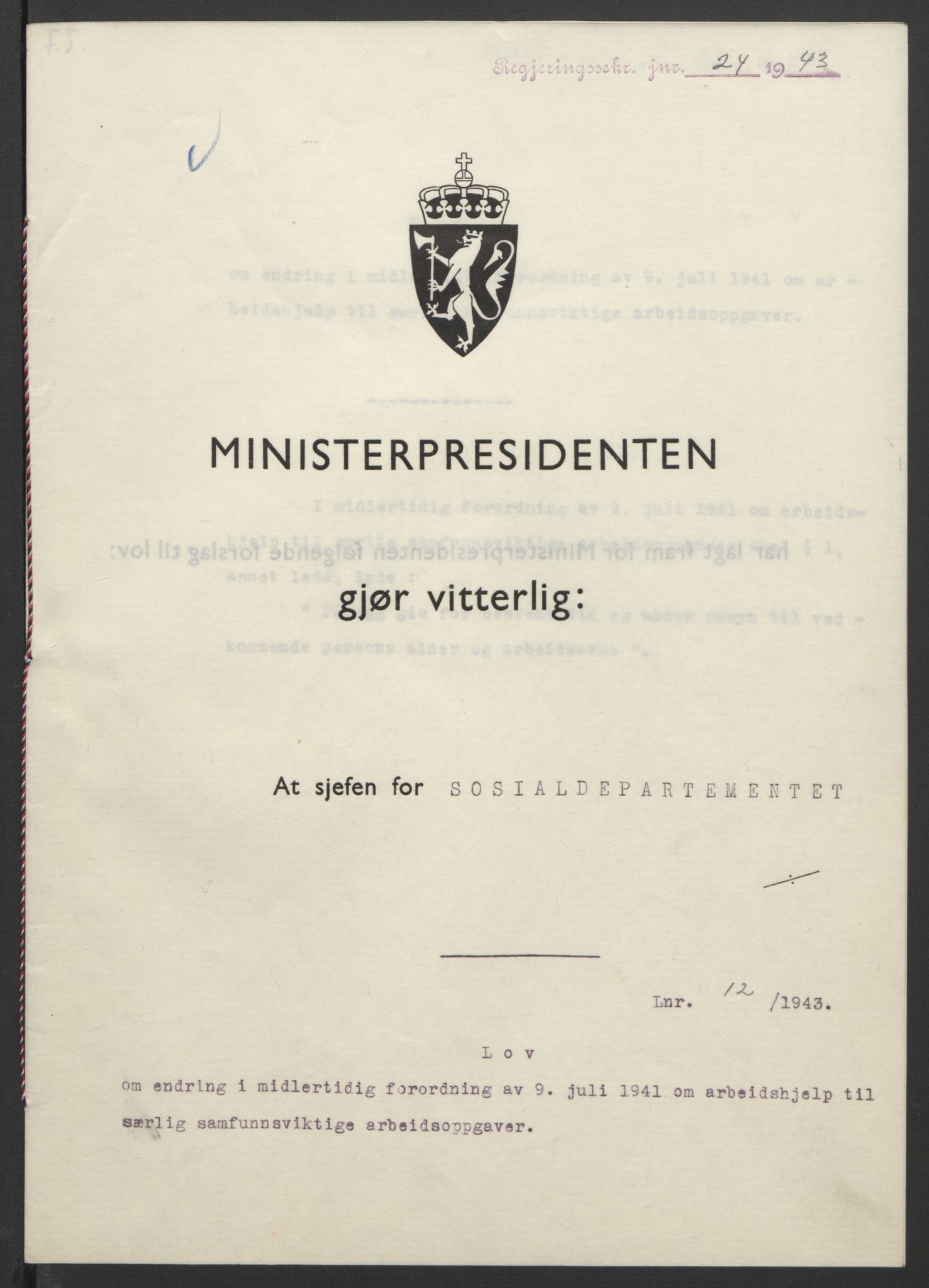 NS-administrasjonen 1940-1945 (Statsrådsekretariatet, de kommisariske statsråder mm), RA/S-4279/D/Db/L0099: Lover, 1943, p. 48