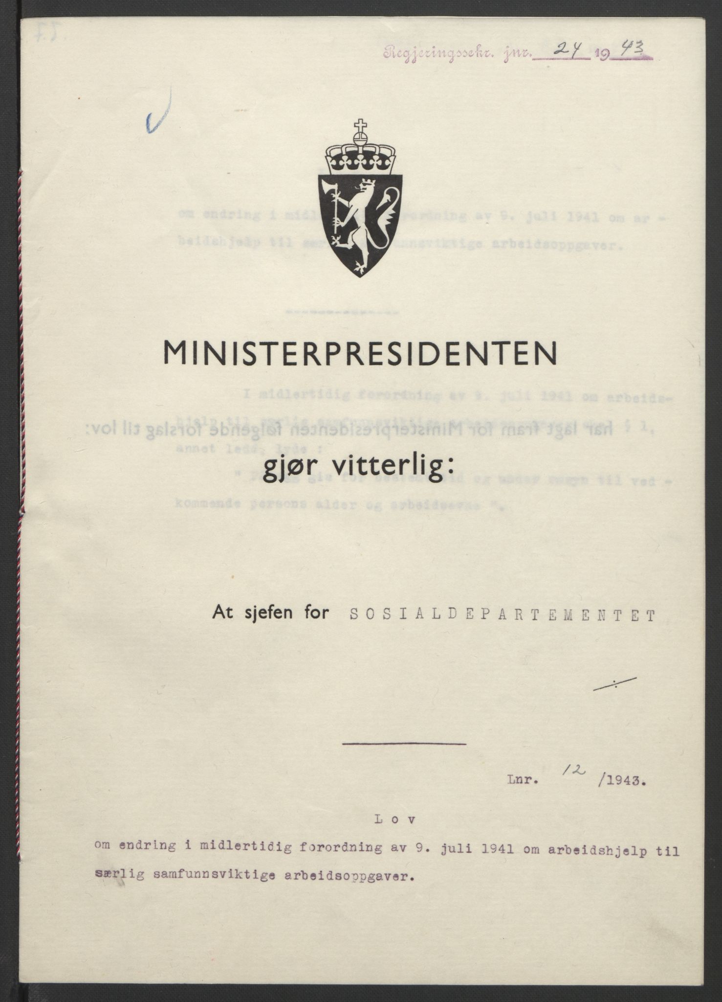 NS-administrasjonen 1940-1945 (Statsrådsekretariatet, de kommisariske statsråder mm), AV/RA-S-4279/D/Db/L0099: Lover, 1943, p. 48