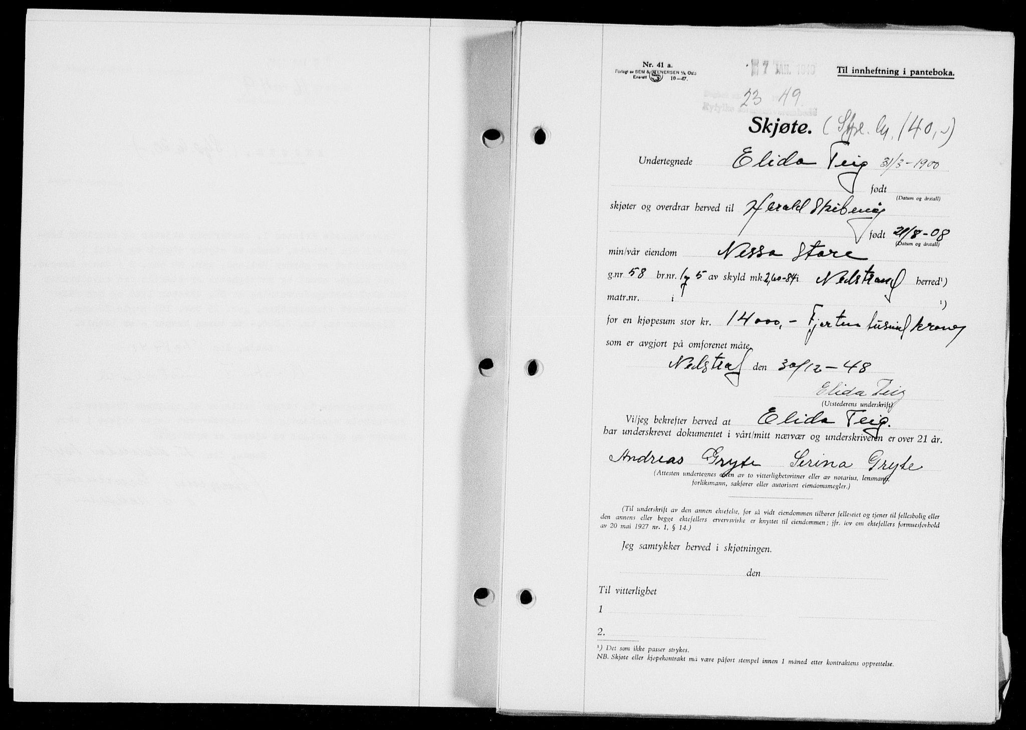 Ryfylke tingrett, AV/SAST-A-100055/001/II/IIB/L0104: Mortgage book no. 83, 1948-1949, Diary no: : 23/1949