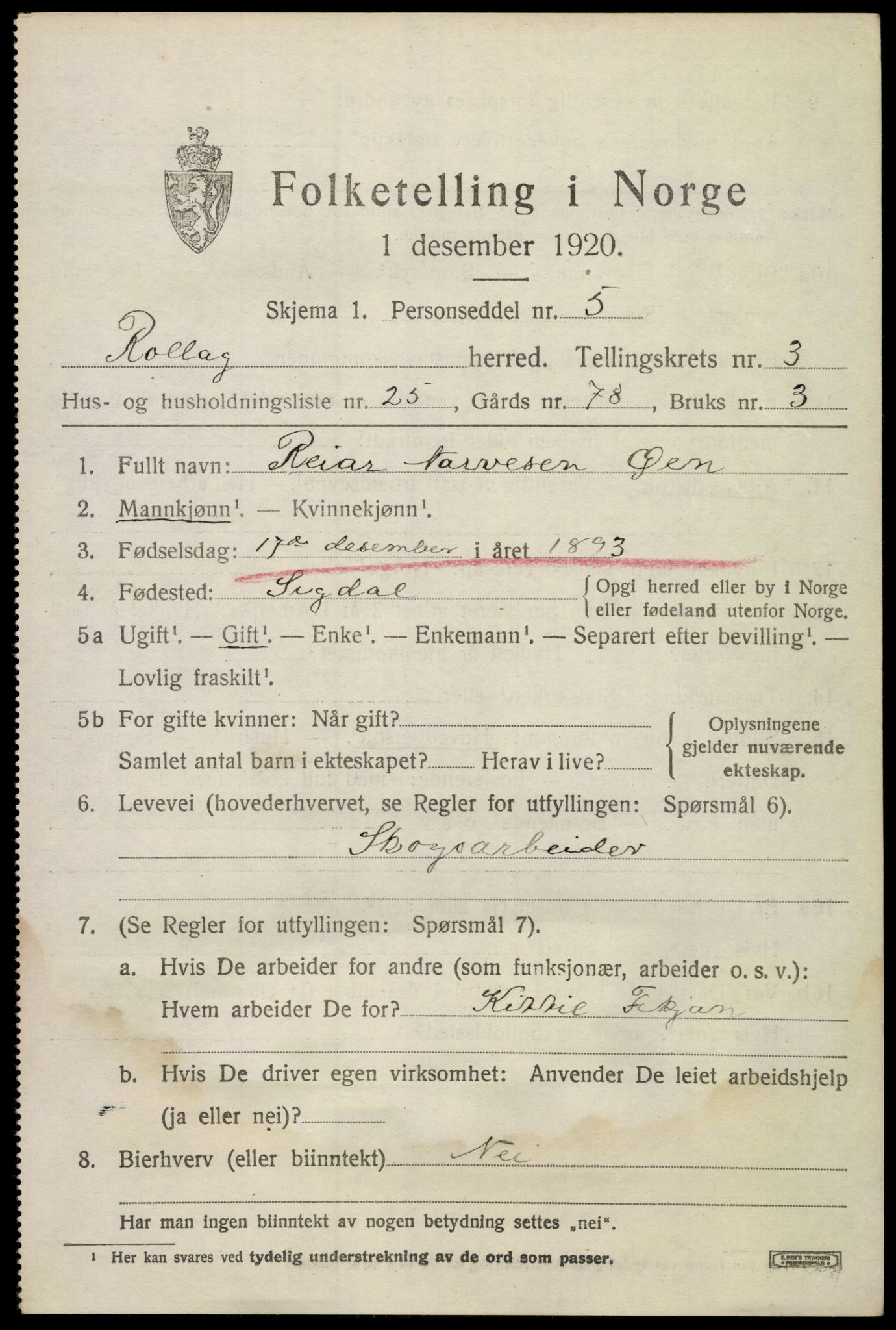 SAKO, 1920 census for Rollag, 1920, p. 1780