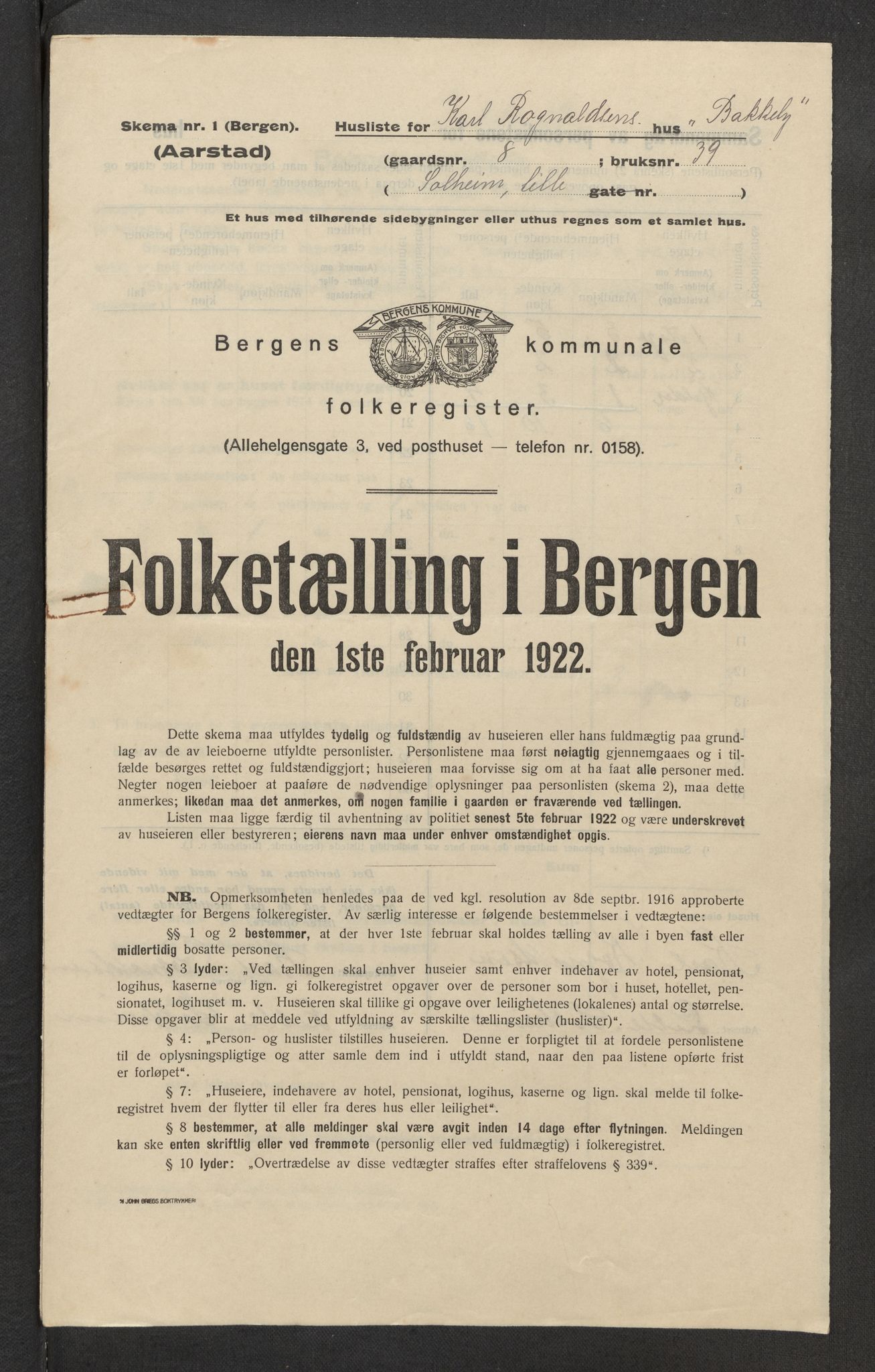 SAB, Municipal Census 1922 for Bergen, 1922, p. 59501