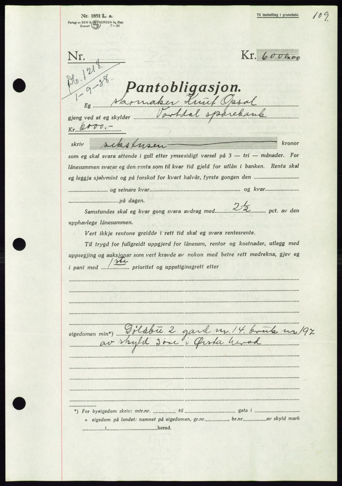 Søre Sunnmøre sorenskriveri, AV/SAT-A-4122/1/2/2C/L0066: Mortgage book no. 60, 1938-1938, Diary no: : 1218/1938