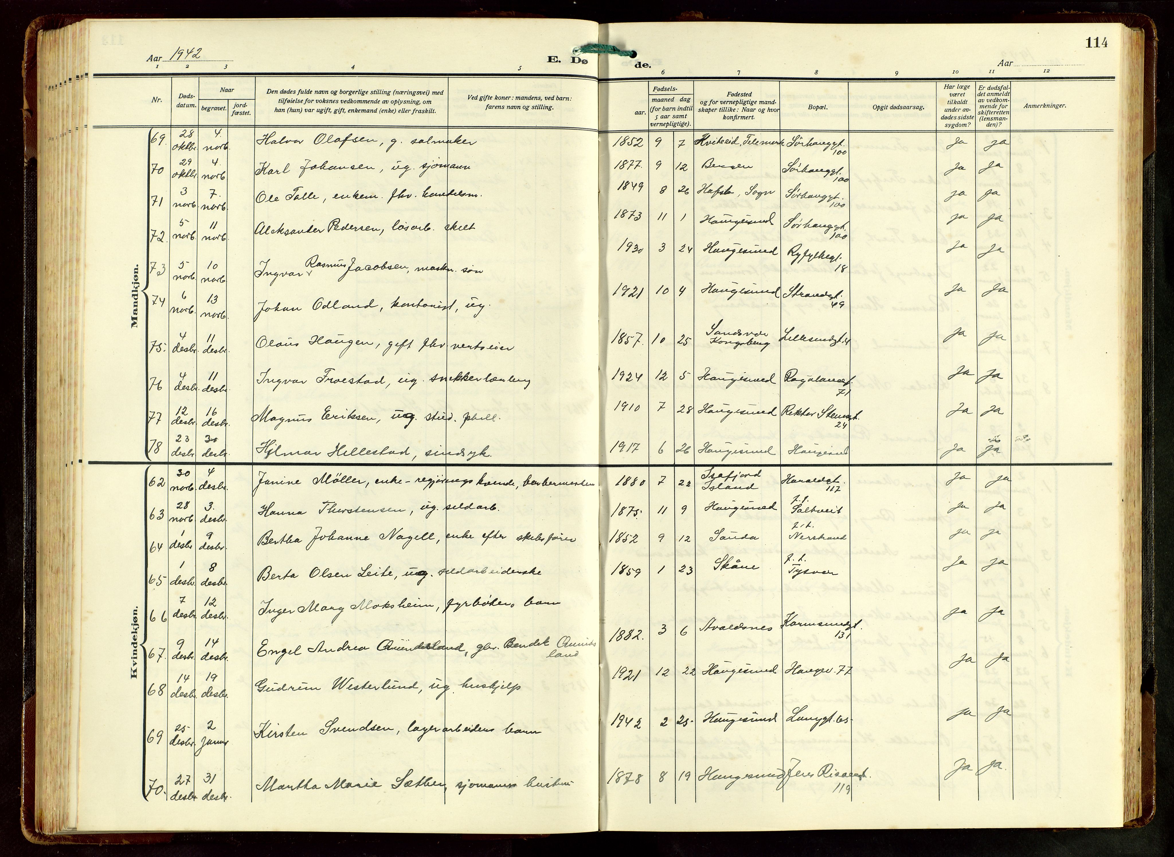 Haugesund sokneprestkontor, AV/SAST-A -101863/H/Ha/Hab/L0012: Parish register (copy) no. B 12, 1930-1958, p. 114