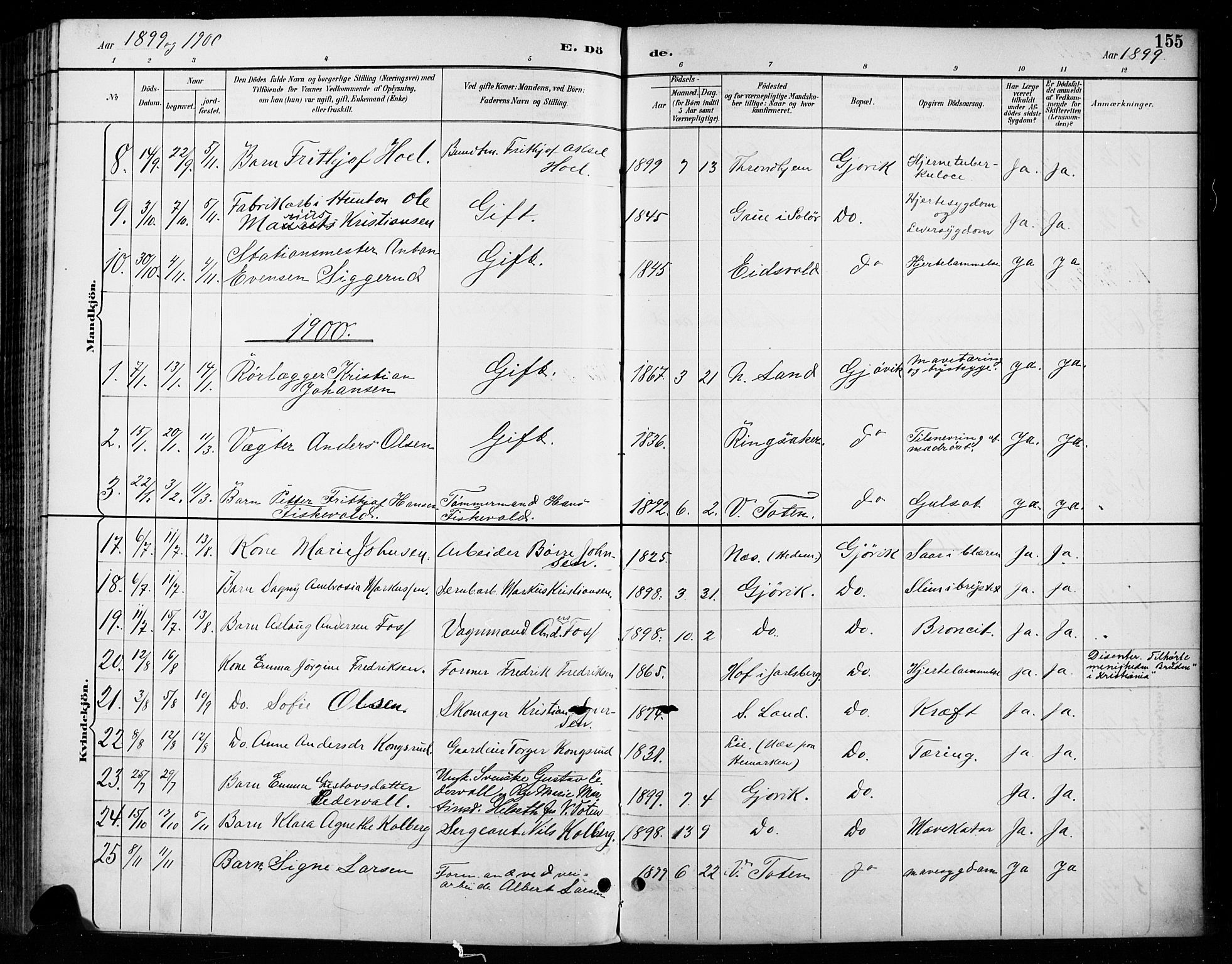 Vardal prestekontor, SAH/PREST-100/H/Ha/Haa/L0011: Parish register (official) no. 11, 1891-1901, p. 155