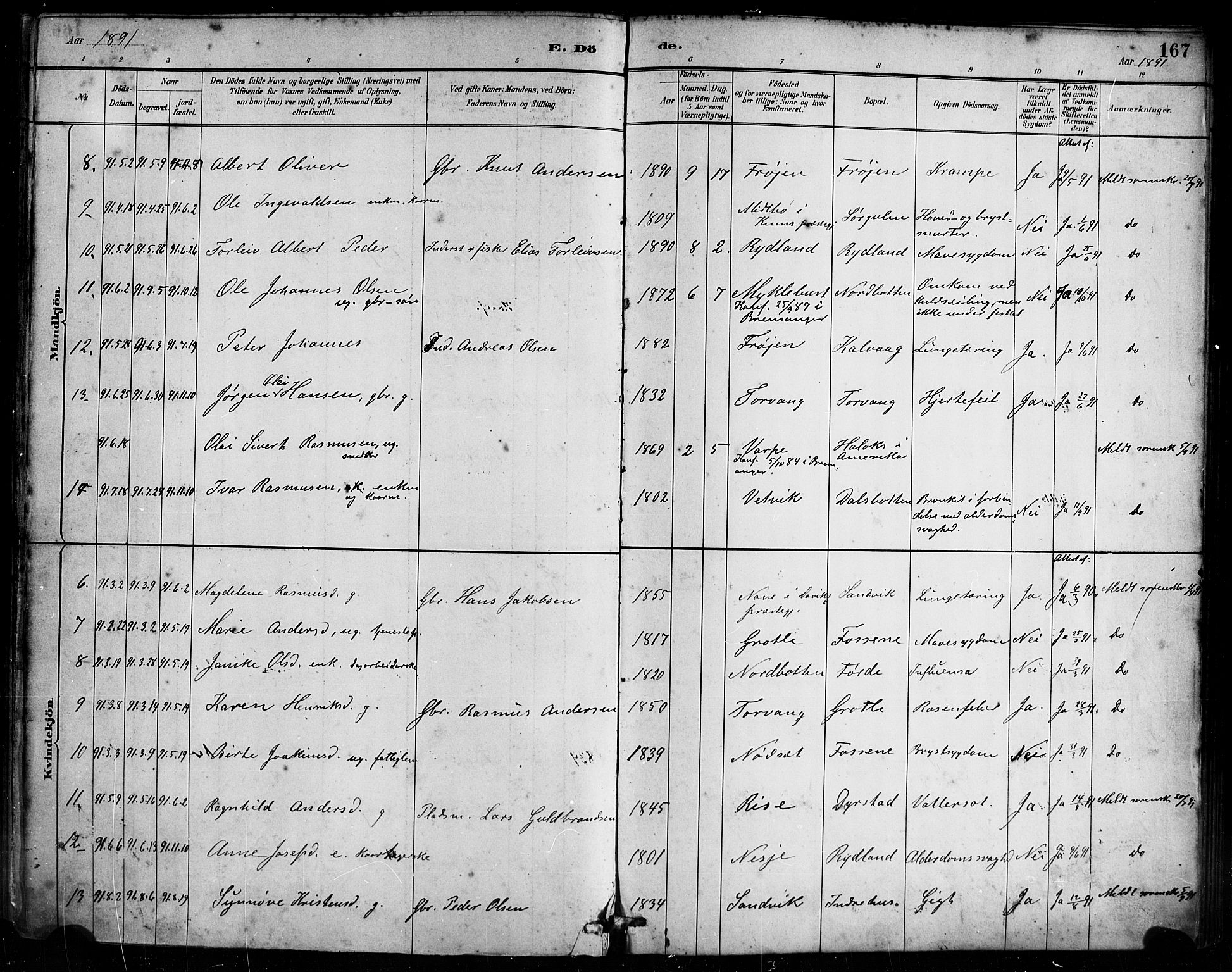 Bremanger sokneprestembete, AV/SAB-A-82201/H/Haa/Haab/L0001: Parish register (official) no. B 1, 1884-1895, p. 167