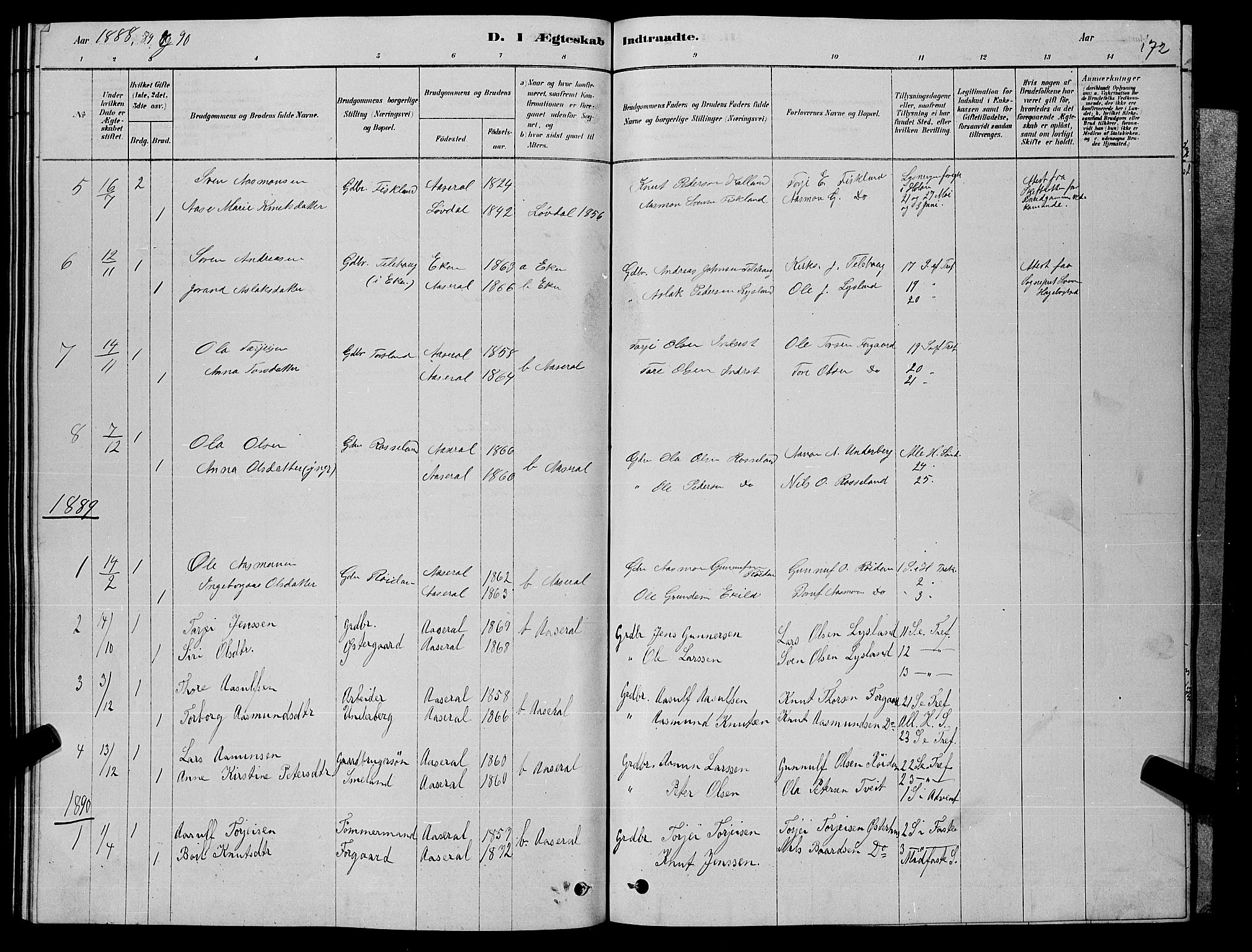 Åseral sokneprestkontor, SAK/1111-0051/F/Fb/L0002: Parish register (copy) no. B 2, 1878-1899, p. 172