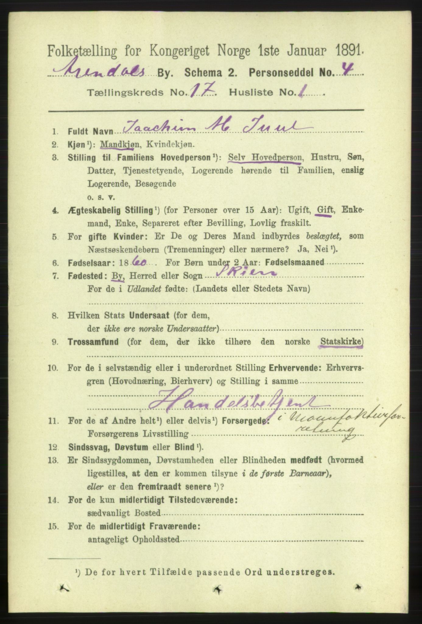 RA, 1891 census for 0903 Arendal, 1891, p. 5588