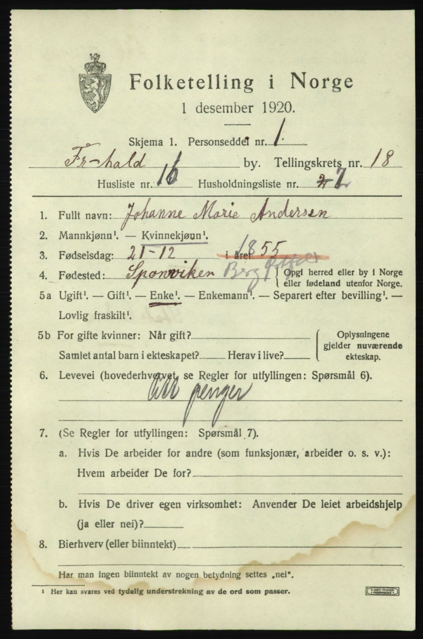 SAO, 1920 census for Fredrikshald, 1920, p. 27459