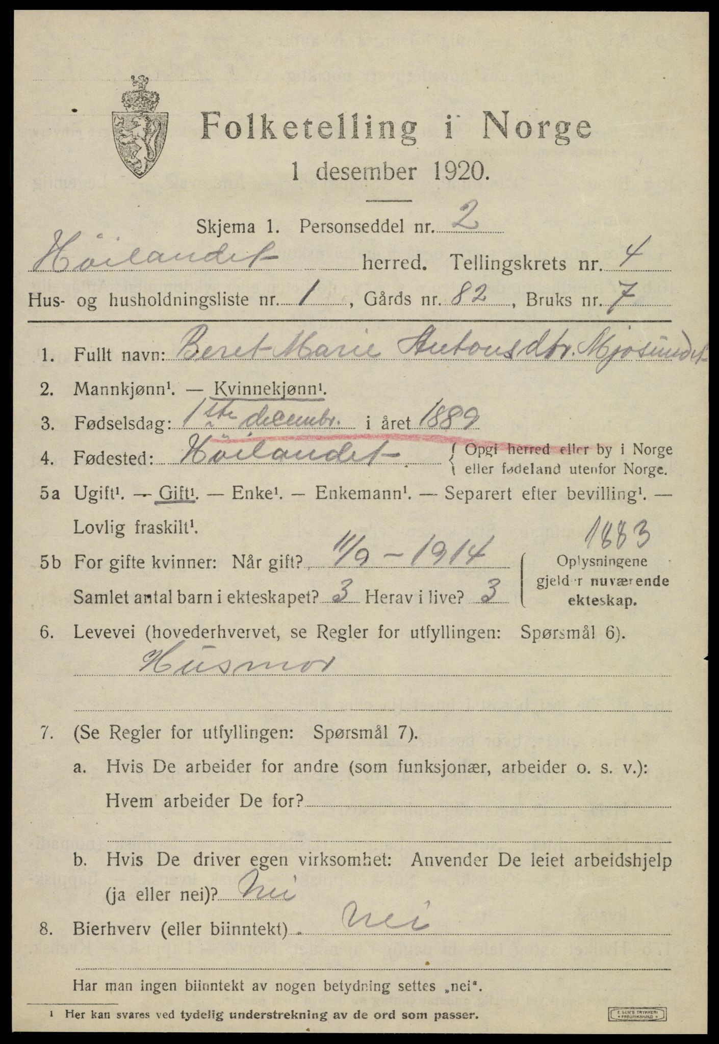 SAT, 1920 census for Høylandet, 1920, p. 2214