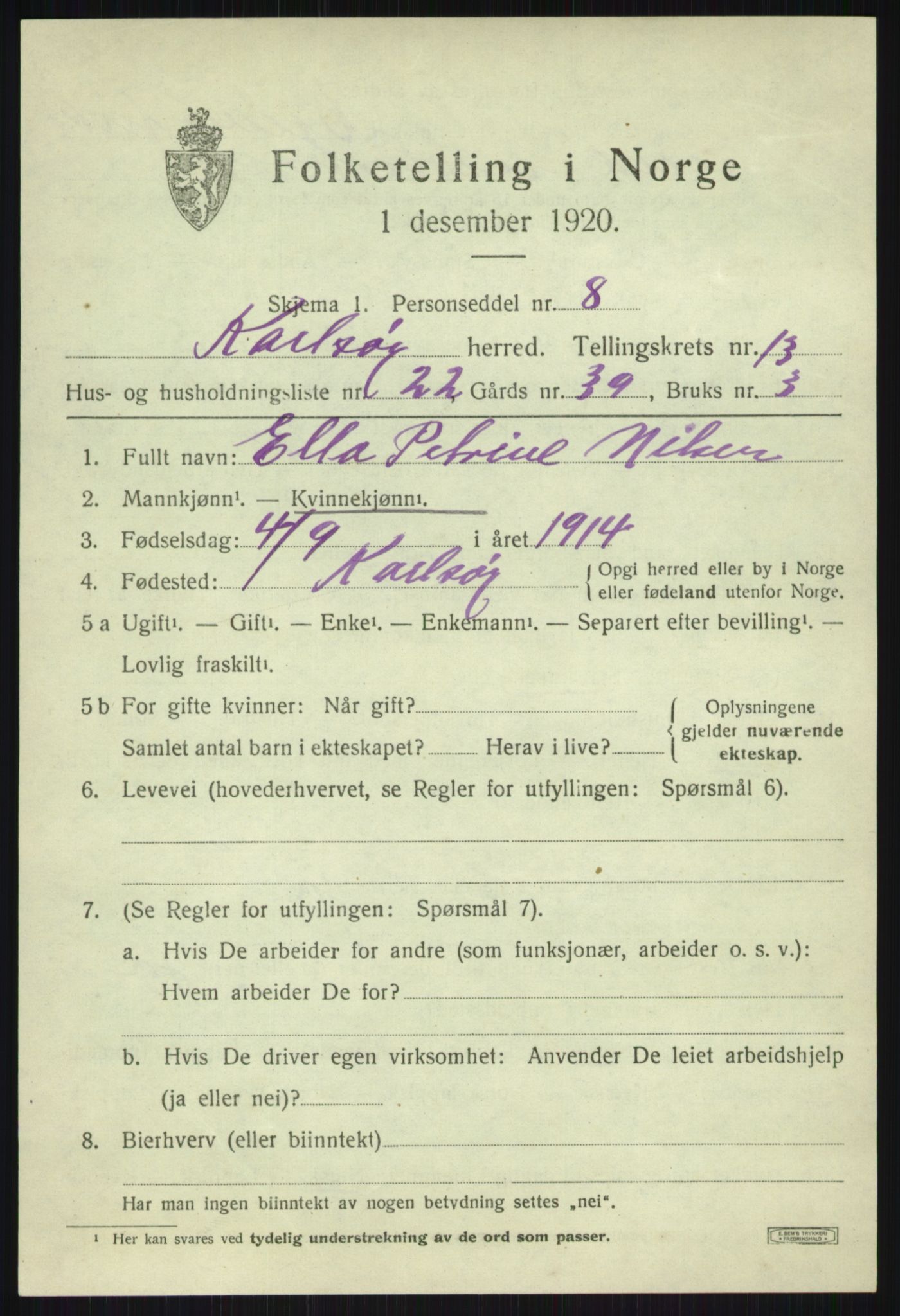 SATØ, 1920 census for Karlsøy, 1920, p. 4898