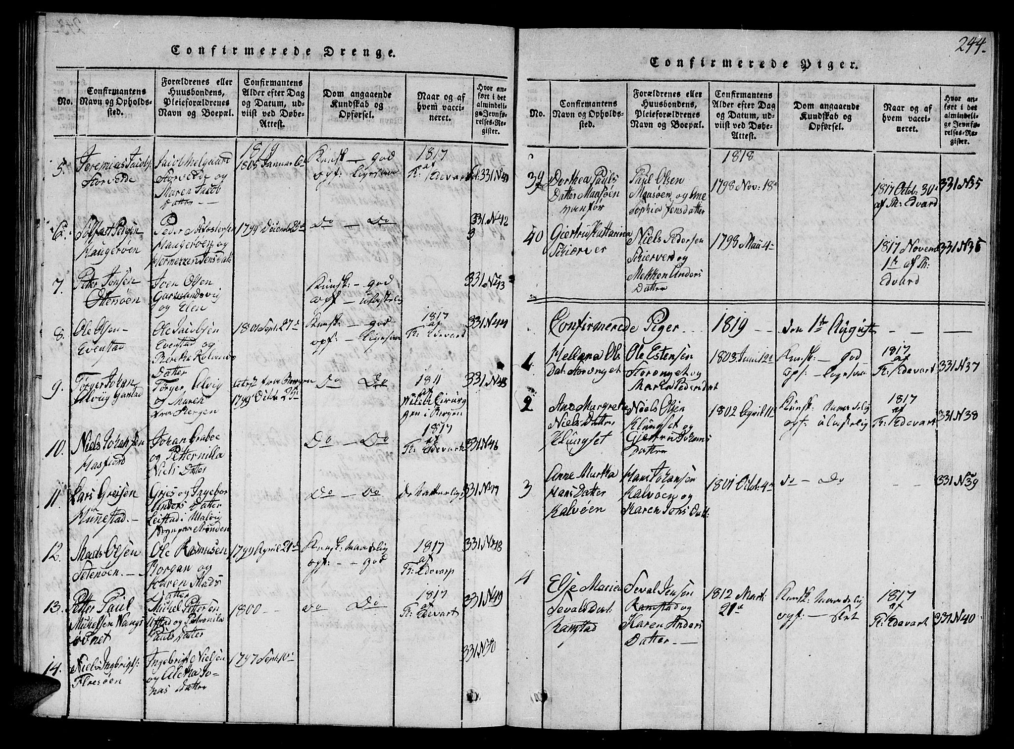 Ministerialprotokoller, klokkerbøker og fødselsregistre - Nord-Trøndelag, AV/SAT-A-1458/784/L0679: Parish register (copy) no. 784C01 /1, 1816-1822, p. 244