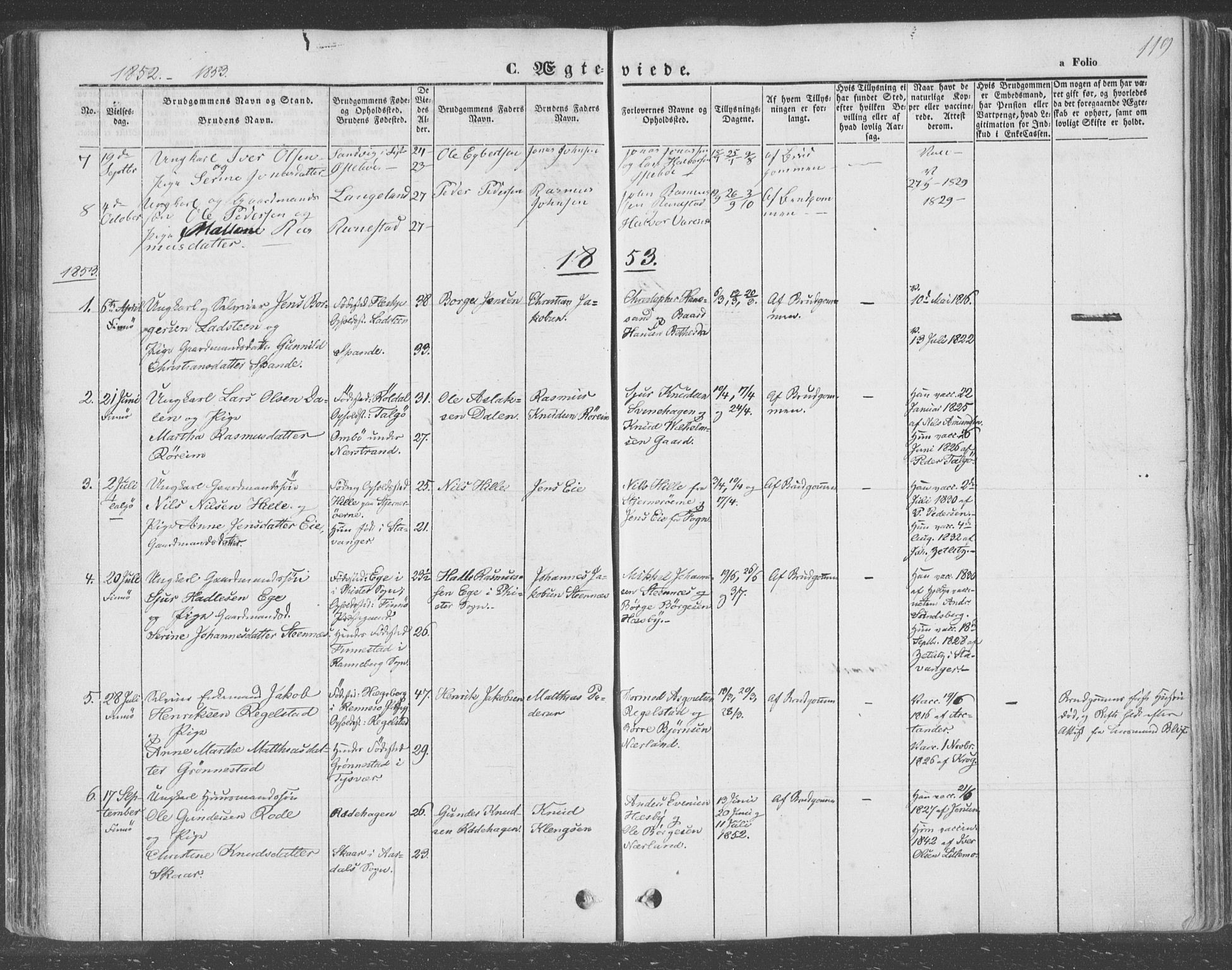 Finnøy sokneprestkontor, SAST/A-101825/H/Ha/Haa/L0007: Parish register (official) no. A 7, 1847-1862, p. 119