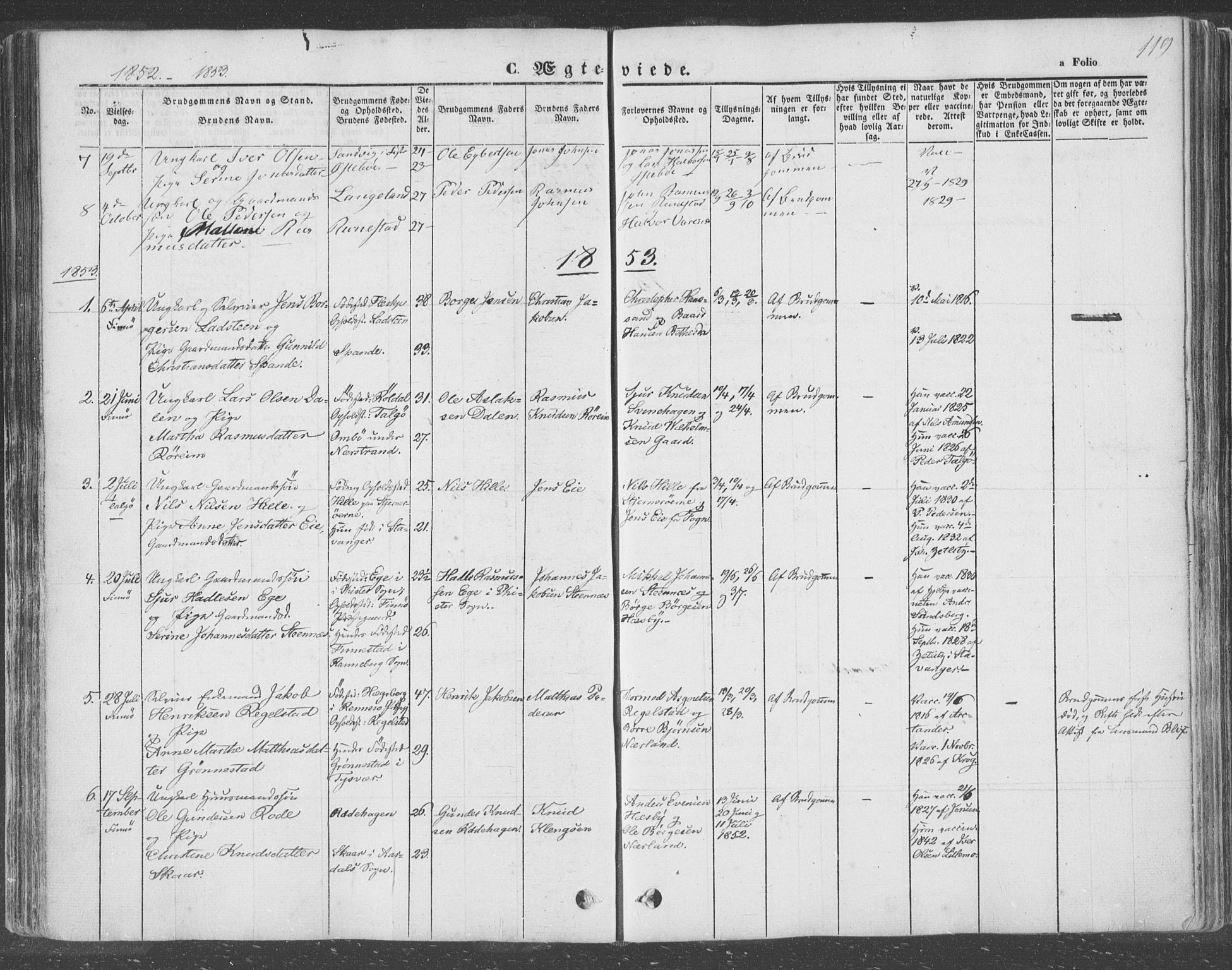 Finnøy sokneprestkontor, AV/SAST-A-101825/H/Ha/Haa/L0007: Parish register (official) no. A 7, 1847-1862, p. 119