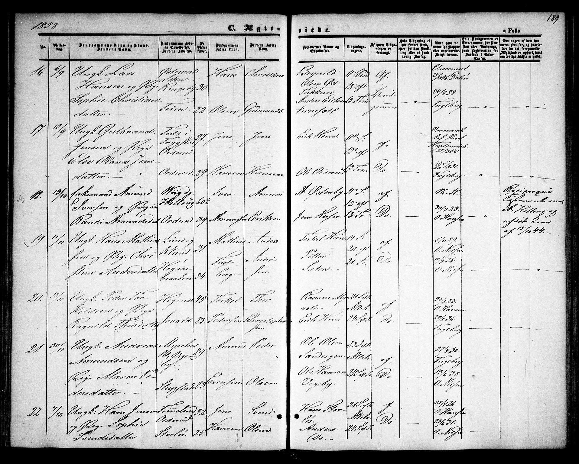 Rødenes prestekontor Kirkebøker, SAO/A-2005/F/Fa/L0006: Parish register (official) no. I 6, 1850-1859, p. 189