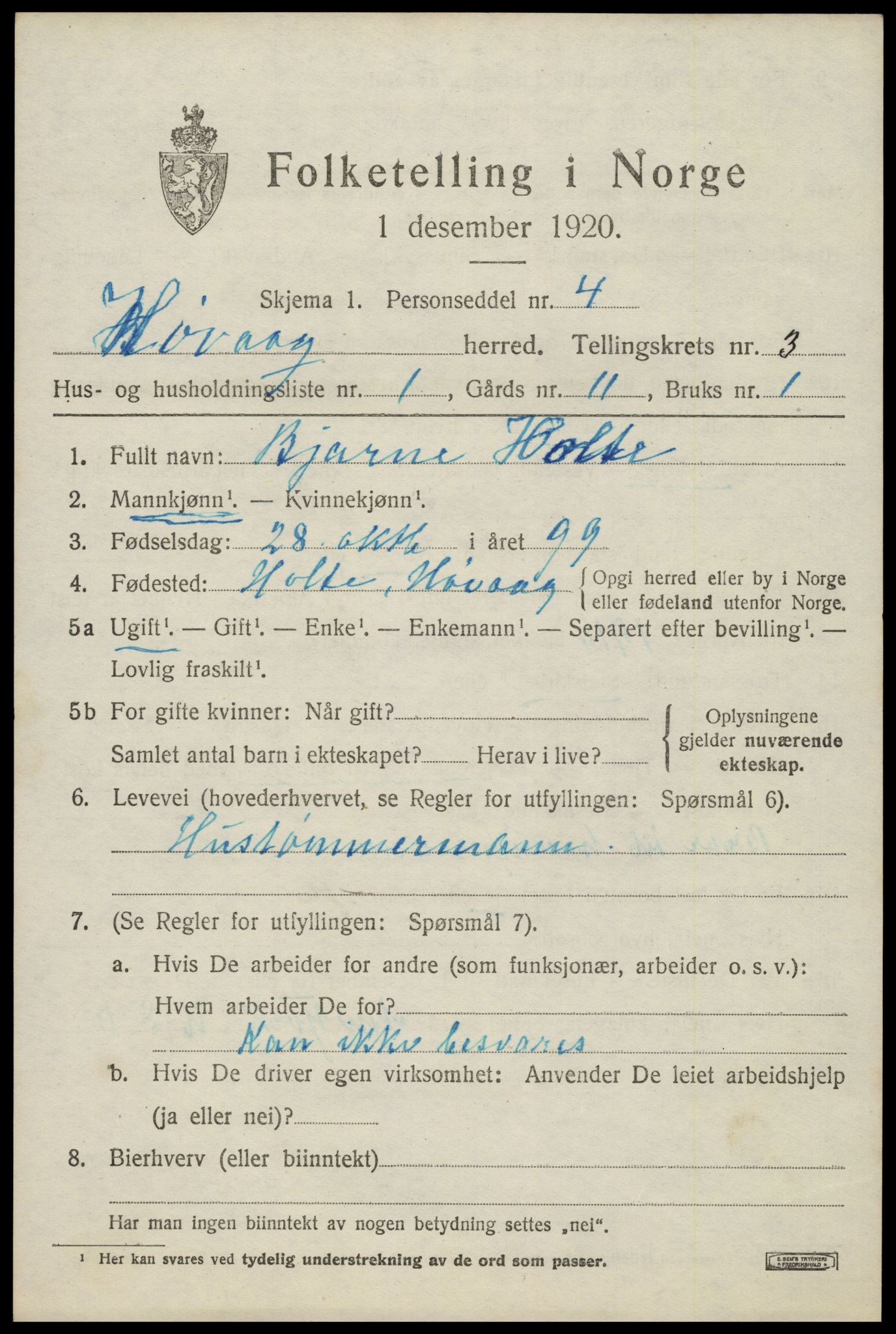 SAK, 1920 census for Høvåg, 1920, p. 1496