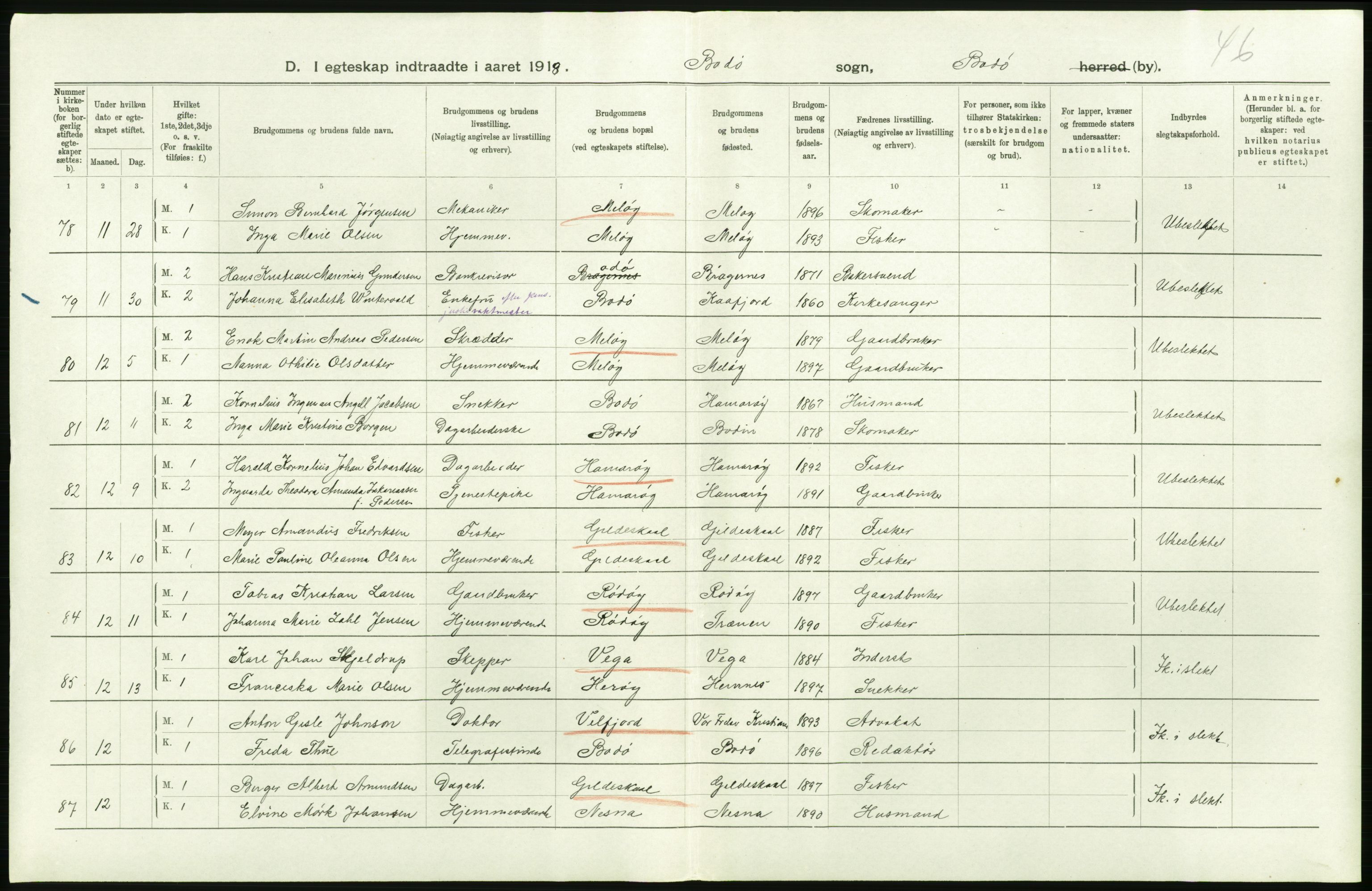 Statistisk sentralbyrå, Sosiodemografiske emner, Befolkning, AV/RA-S-2228/D/Df/Dfb/Dfbh/L0054: Nordland fylke: Gifte, dødfødte. Bygder og byer., 1918, p. 350
