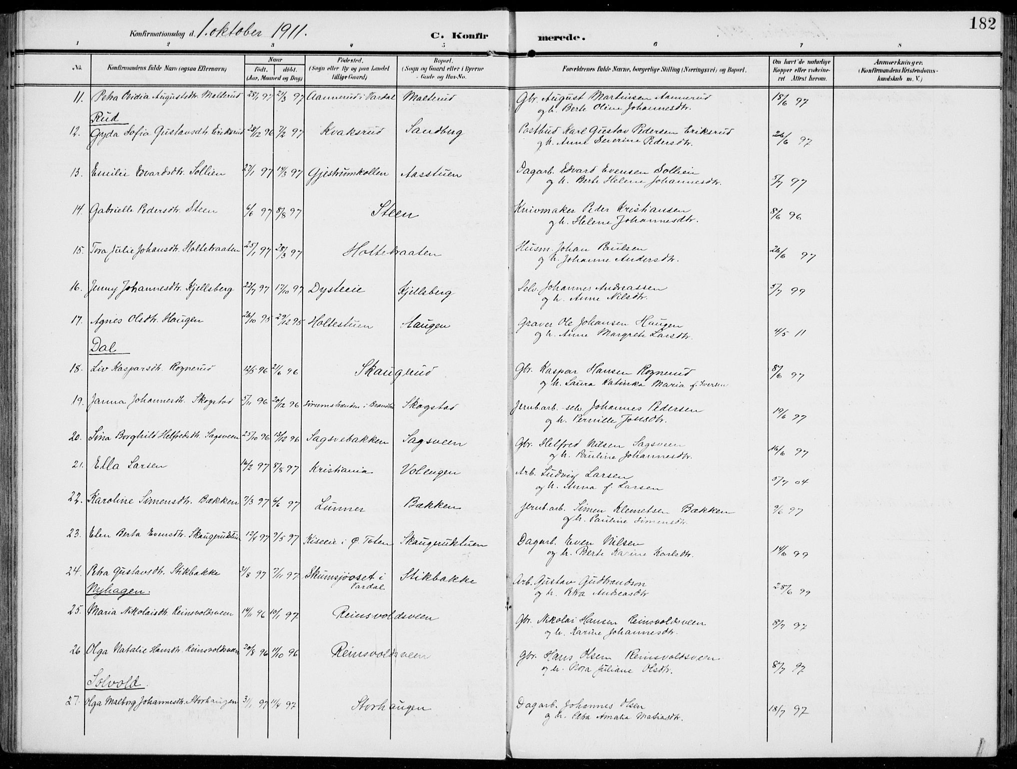 Vestre Toten prestekontor, AV/SAH-PREST-108/H/Ha/Haa/L0014: Parish register (official) no. 14, 1907-1920, p. 182