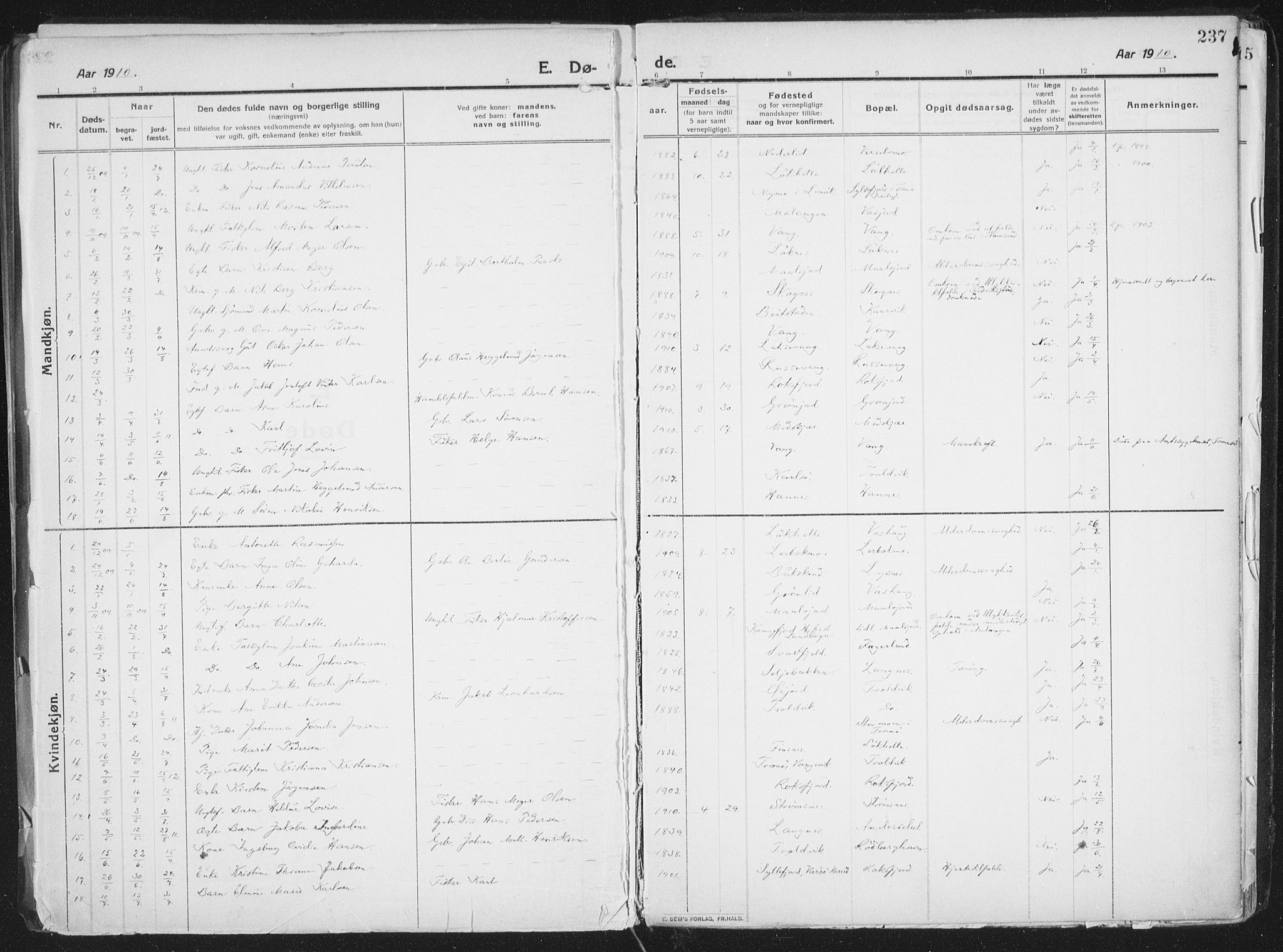 Lenvik sokneprestembete, SATØ/S-1310/H/Ha/Haa/L0016kirke: Parish register (official) no. 16, 1910-1924, p. 237