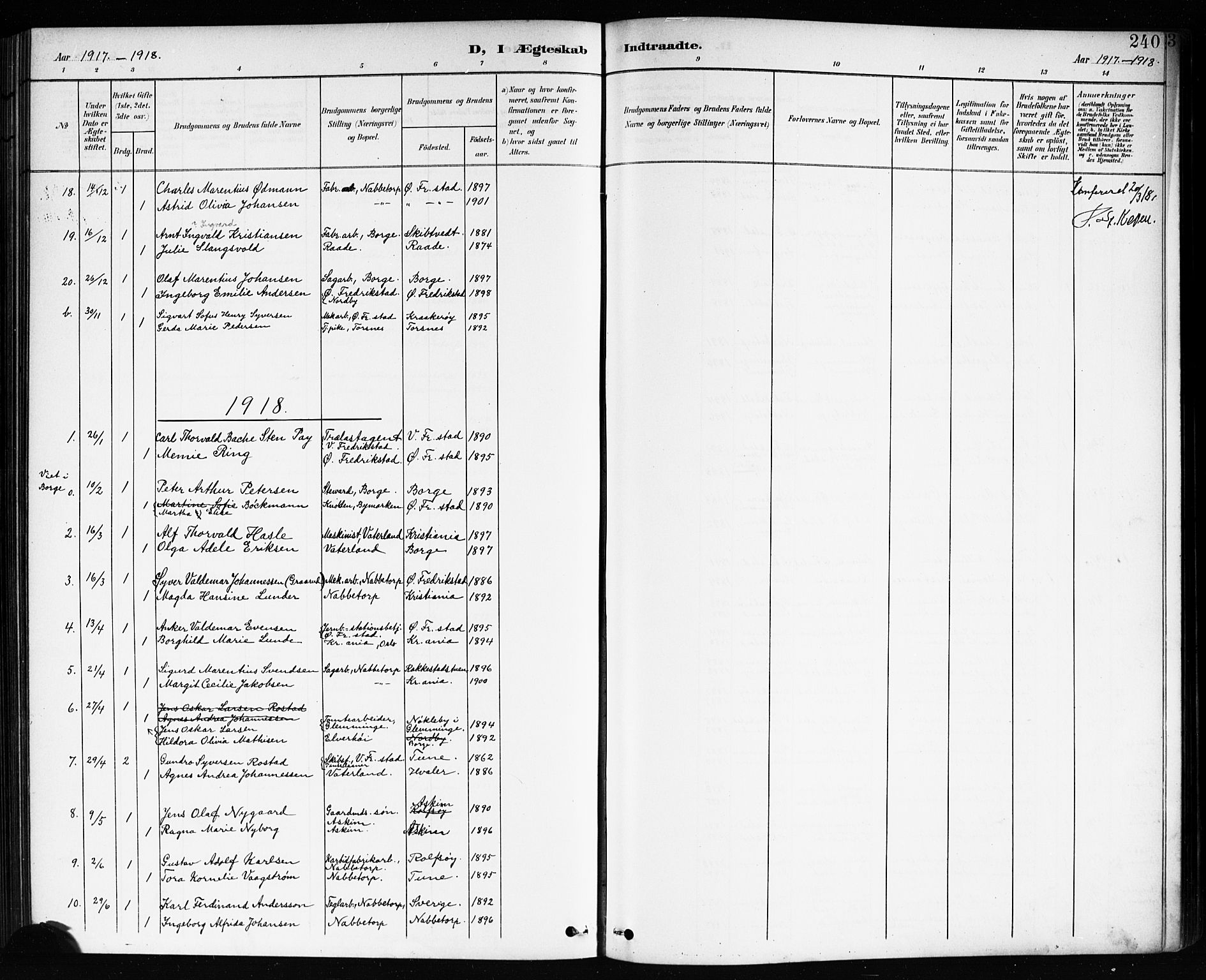 Østre Fredrikstad prestekontor Kirkebøker, AV/SAO-A-10907/G/Ga/L0002: Parish register (copy) no. 2, 1900-1919, p. 240