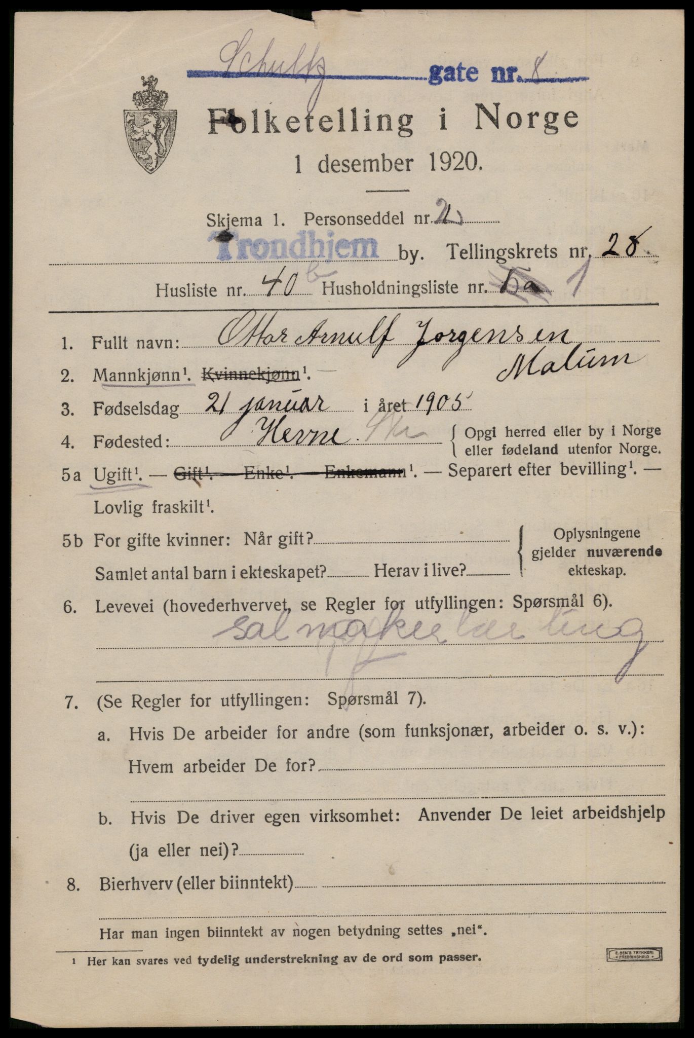 SAT, 1920 census for Trondheim, 1920, p. 72134