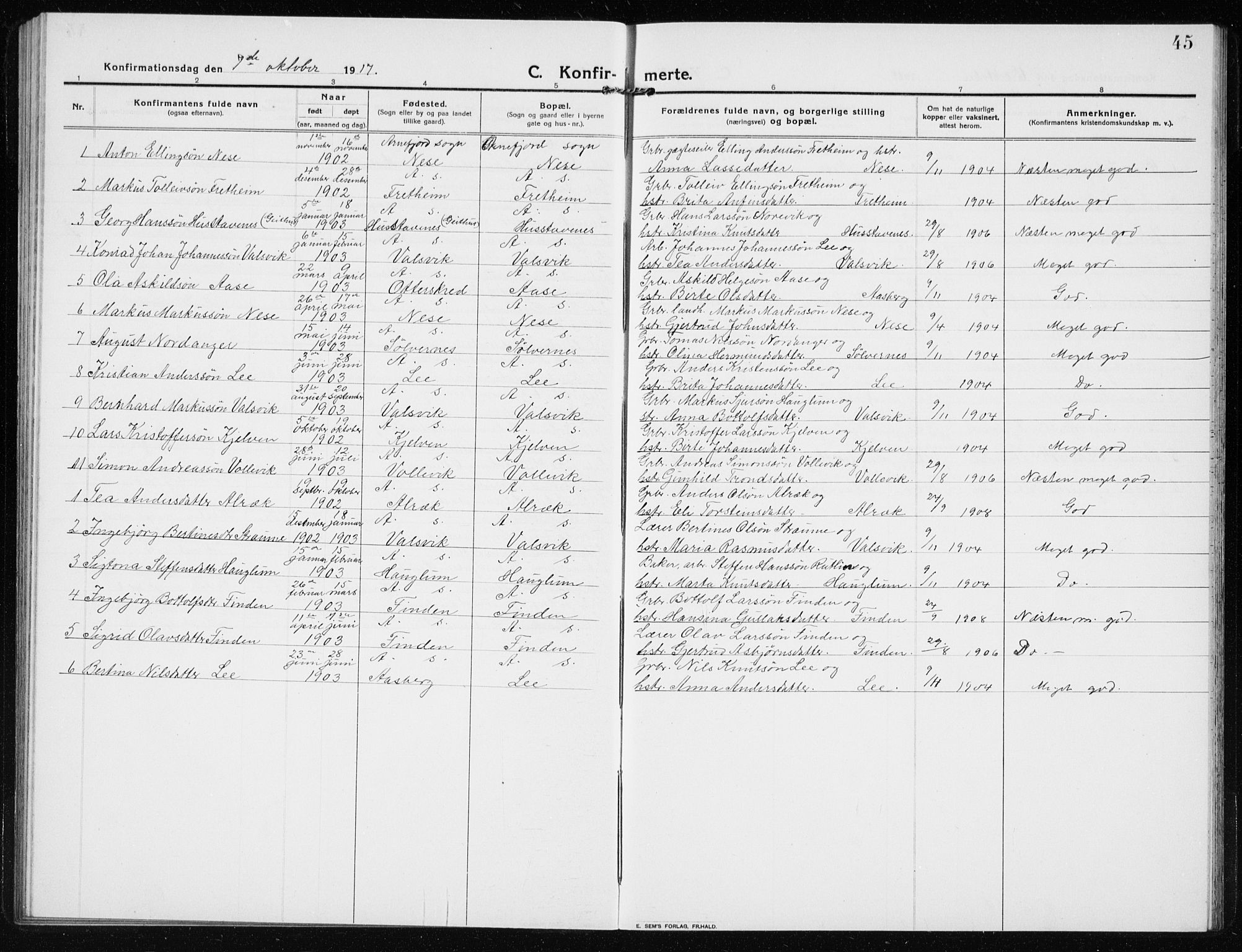 Vik sokneprestembete, AV/SAB-A-81501/H/Hab/Habb/L0004: Parish register (copy) no. B 4, 1913-1938, p. 45